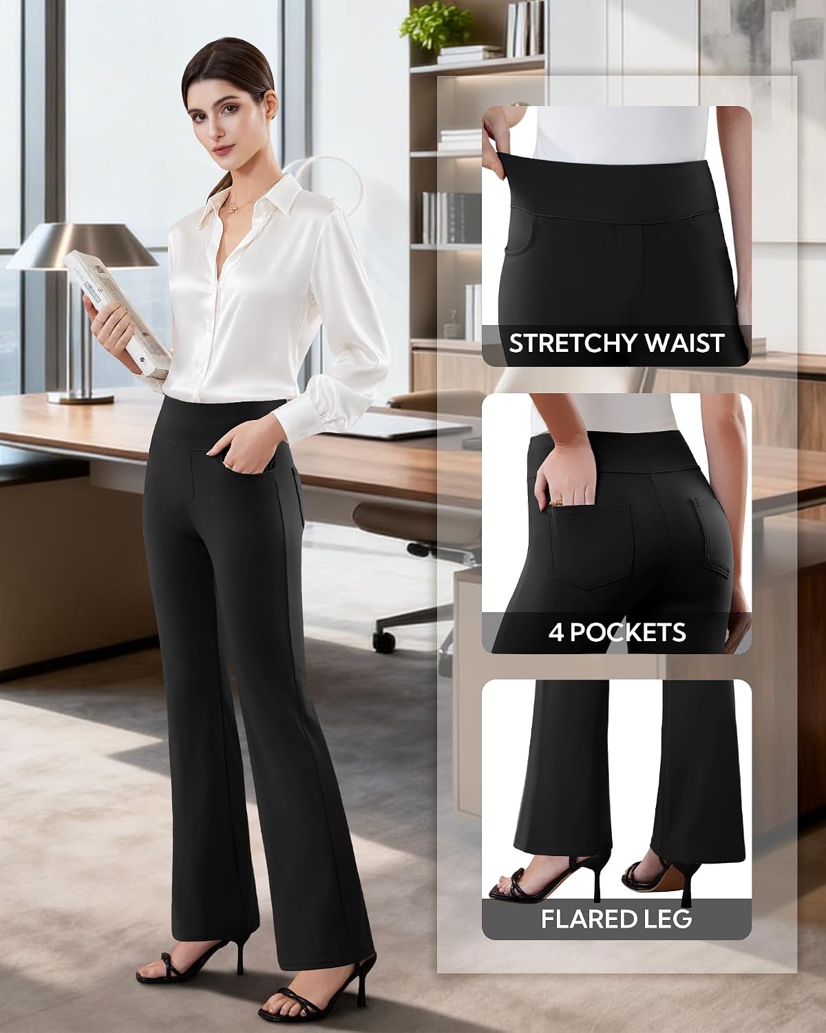 Detalle de DLOODA Women's Stretch Work Pants, High-Waisted Bootcut with 4 Pockets