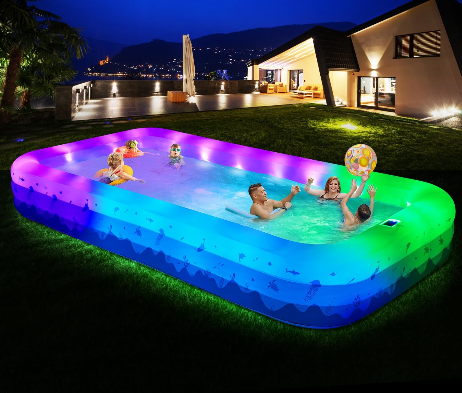 Detalle de Large Inflatable Pool with Lights (145" x 74" x 22") — Solar-Powered, UV-Resistant, 744-Gallon Family Pool