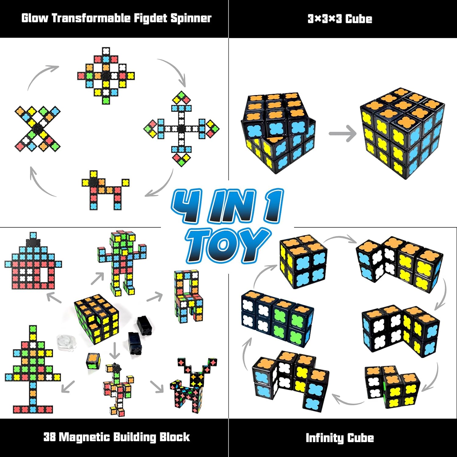 Thumbnail 2 de Magnetic Fidget Toy with 36 Glow-in-the-Dark Blocks (LED) – DIY Magnetic Spin Top Sensory STEM Toy