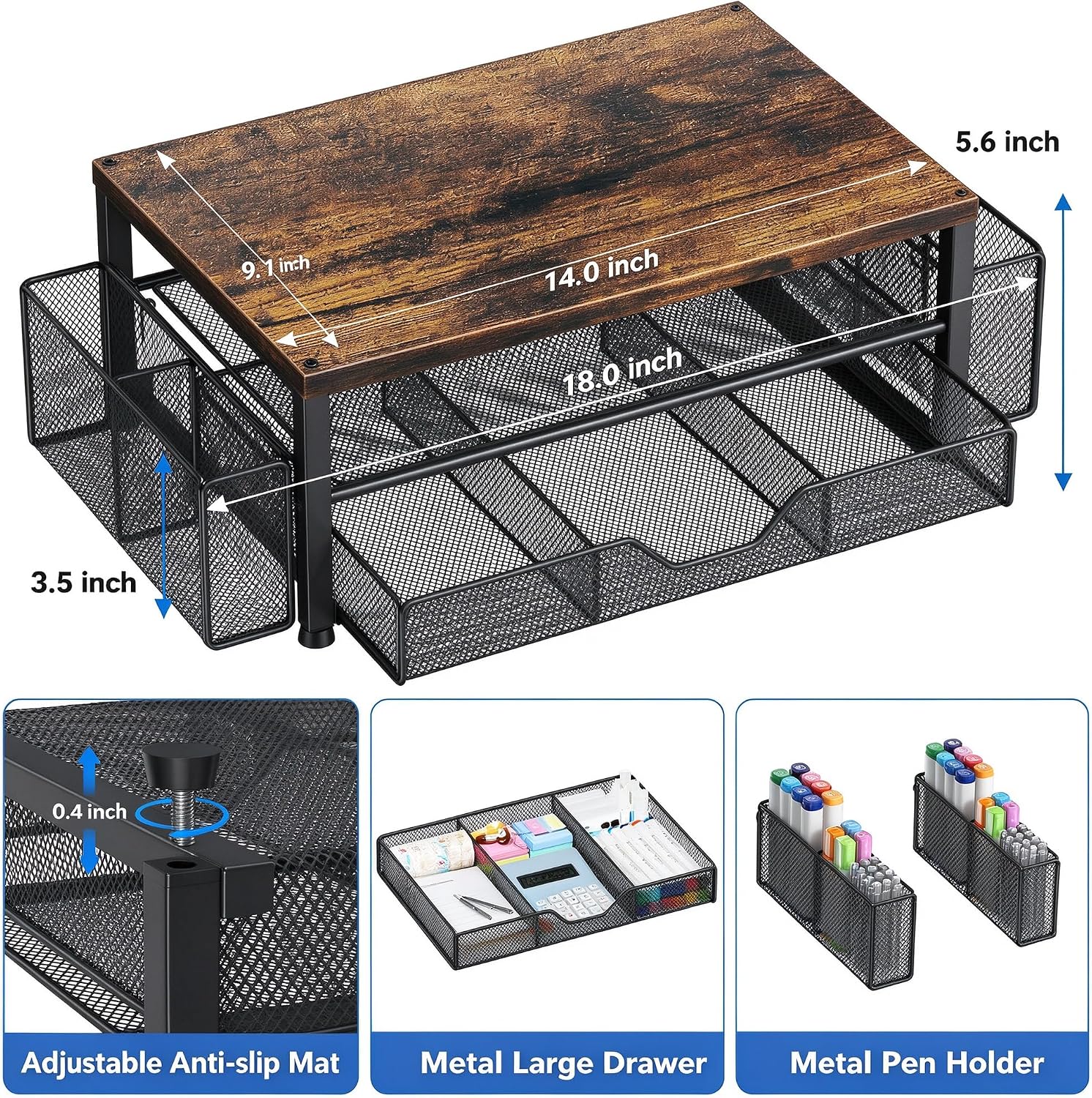 Thumbnail 6 de OPNICE CMS Desk Organizer Monitor Stand with Drawer and Pen Holders, Wood Brown