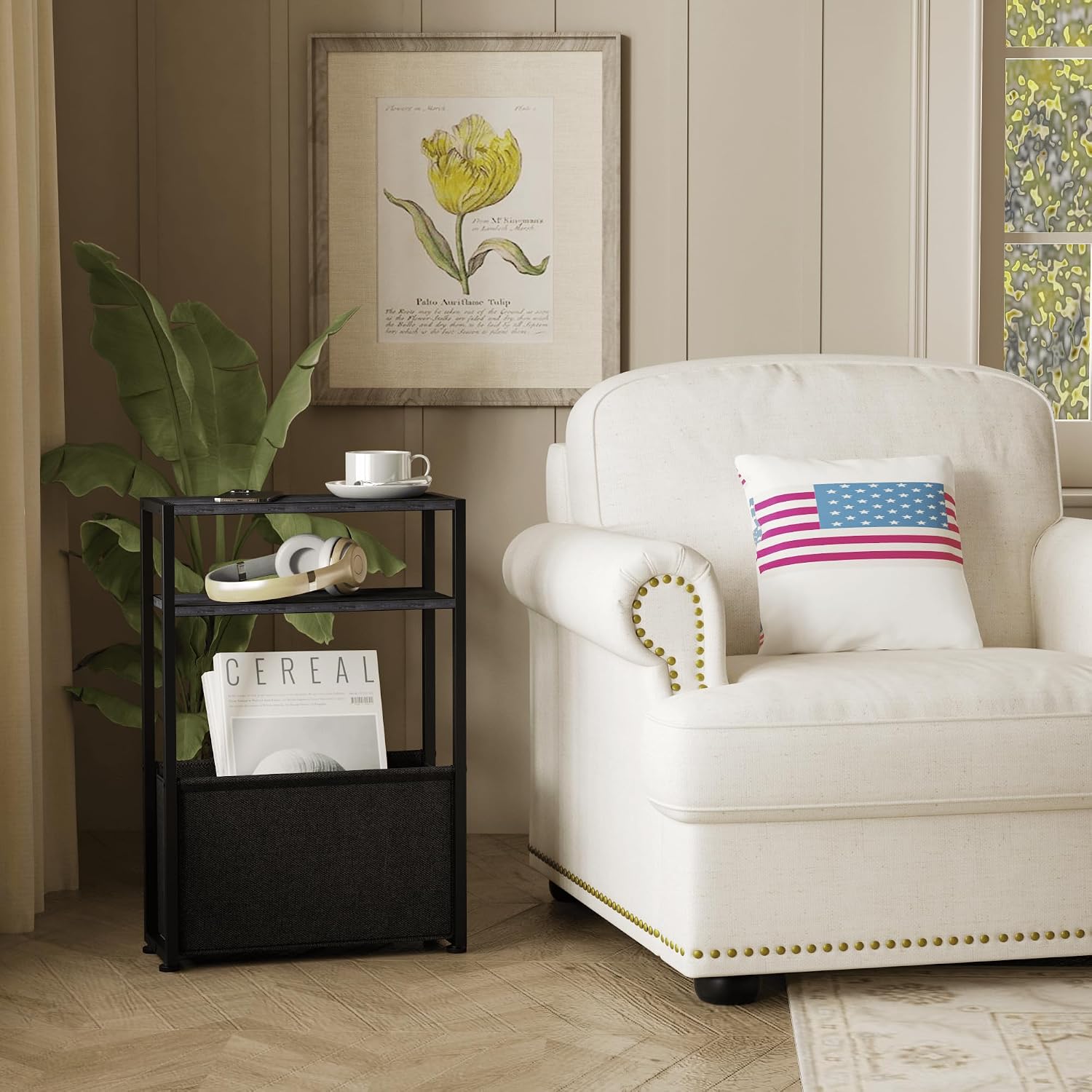 Detalle 2 de Leomonio ZBZ01 Narrow Side Table with Magazine Rack and Fabric Basket