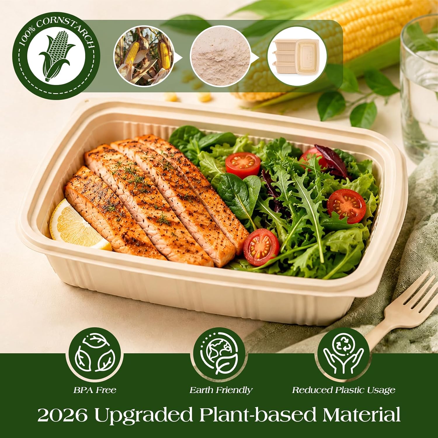 Thumbnail 1 de 100 Piece Meal Prep Containers with Lids (50 Pack) — 28 oz Cornstarch, Plant-Based Lunch Box, BPA-Free, Microwave & Freezer Safe