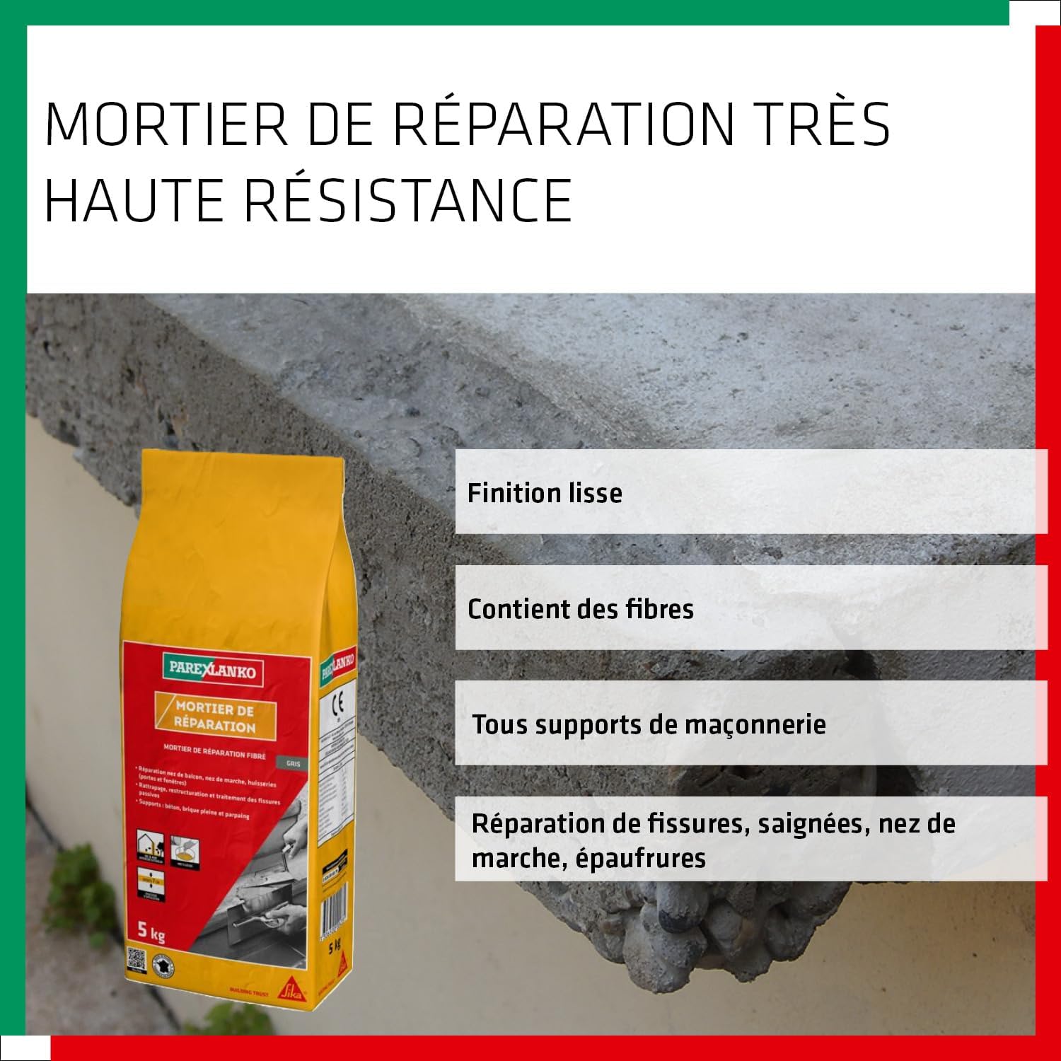 Thumbnail 3 de Parexlanko Mortier de Réparation Prêt à gâcher Fibré – Réparation nez de balcon, nez de marche, huisseries, rebouchage de saignées et fissures