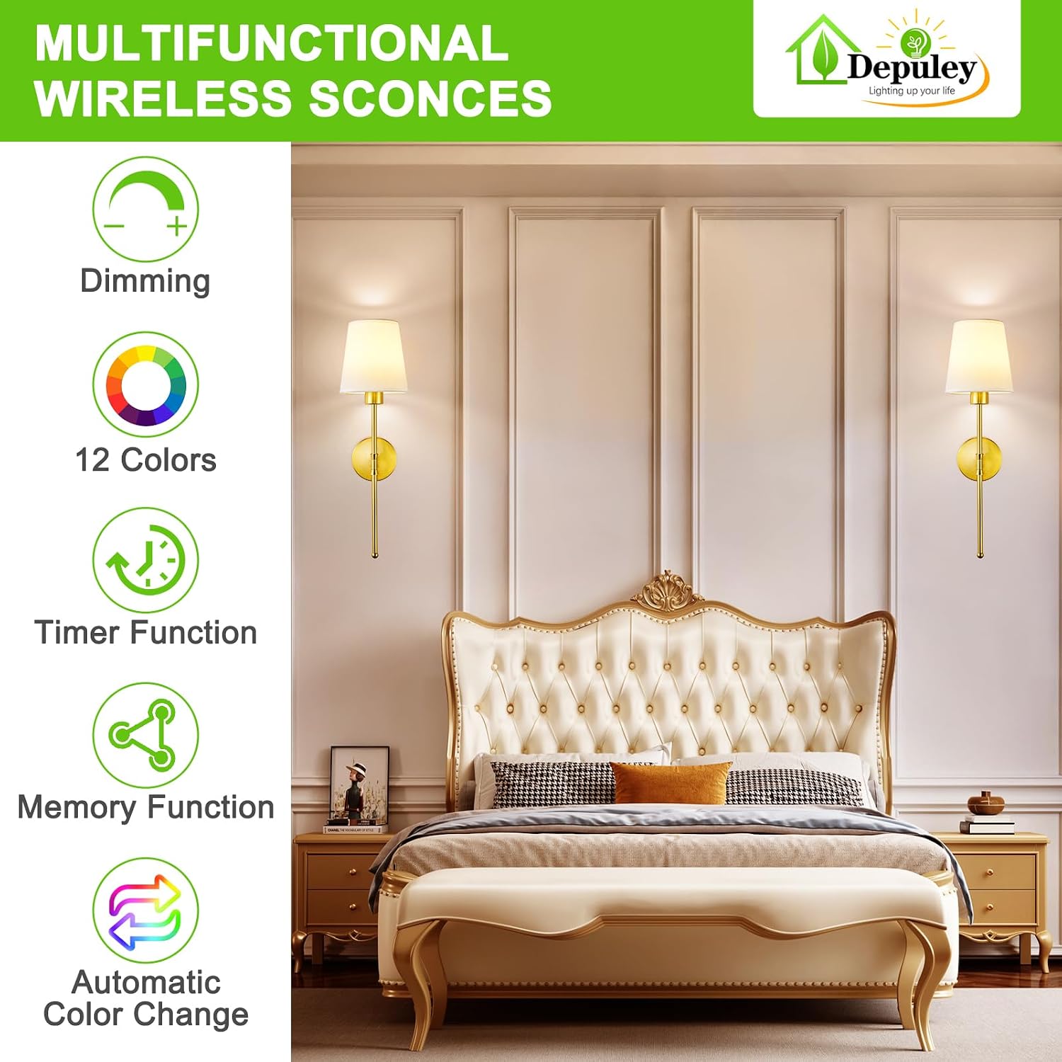 Detalle de Depuley Battery Operated Wall Sconce Set of 2 with Remote | Wireless, Rechargeable 10000mAh, 12 RGB Colors, 3000K-6500K dimmable