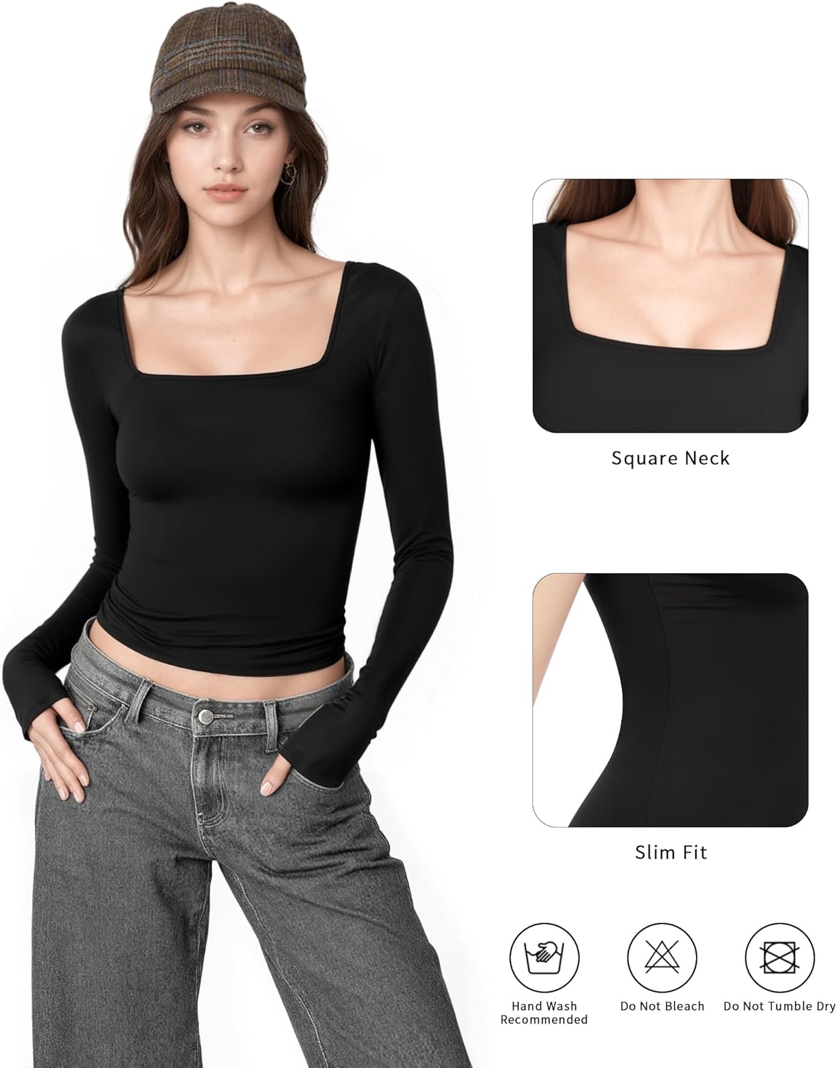Detalle 2 de ALGALAROUND Women's Long Sleeve Square Neck Top – Slim Fit Winter Tee