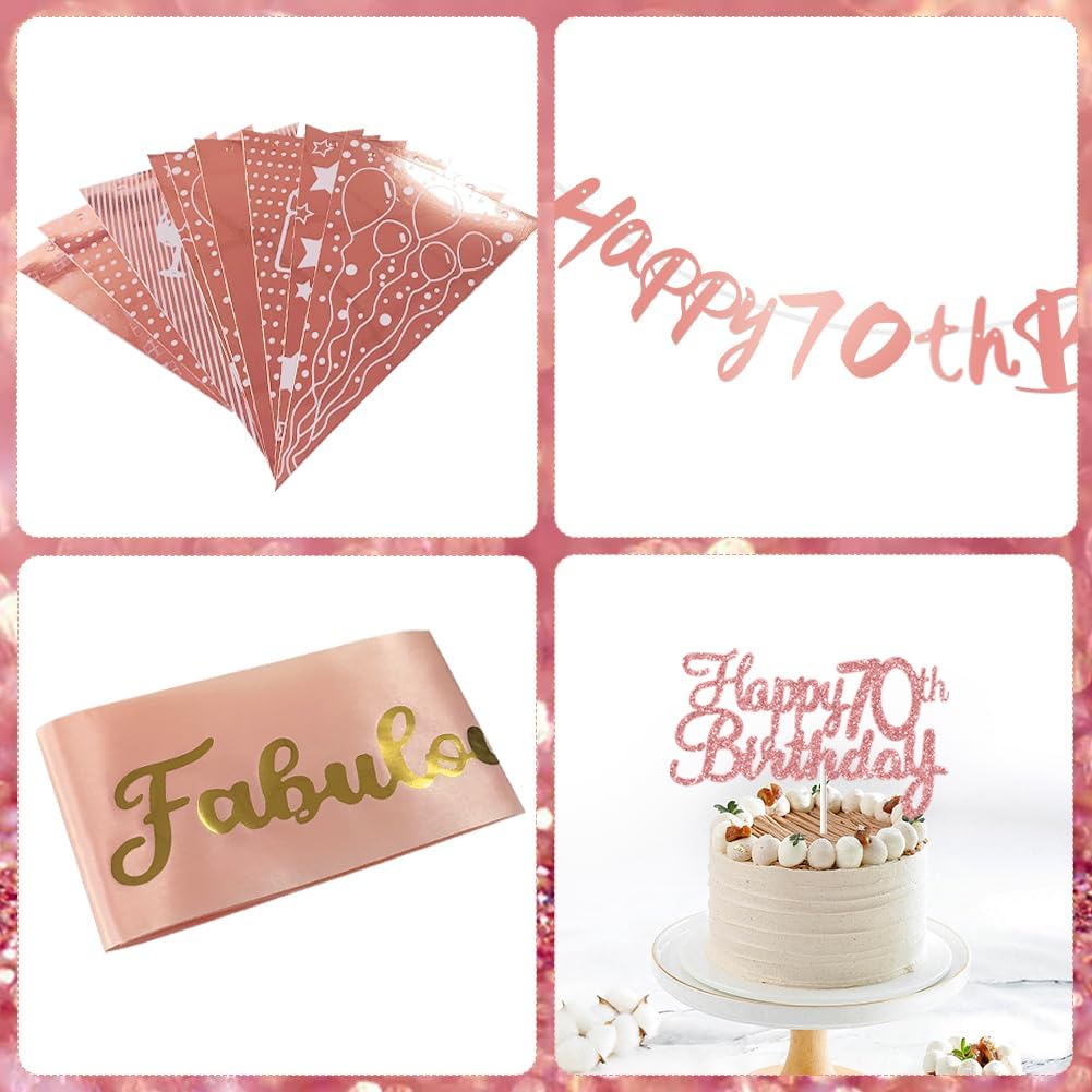Thumbnail 3 de 70th Birthday Decorations Retro Pink & Rose Gold Set (Double Digits) for Women & Girls