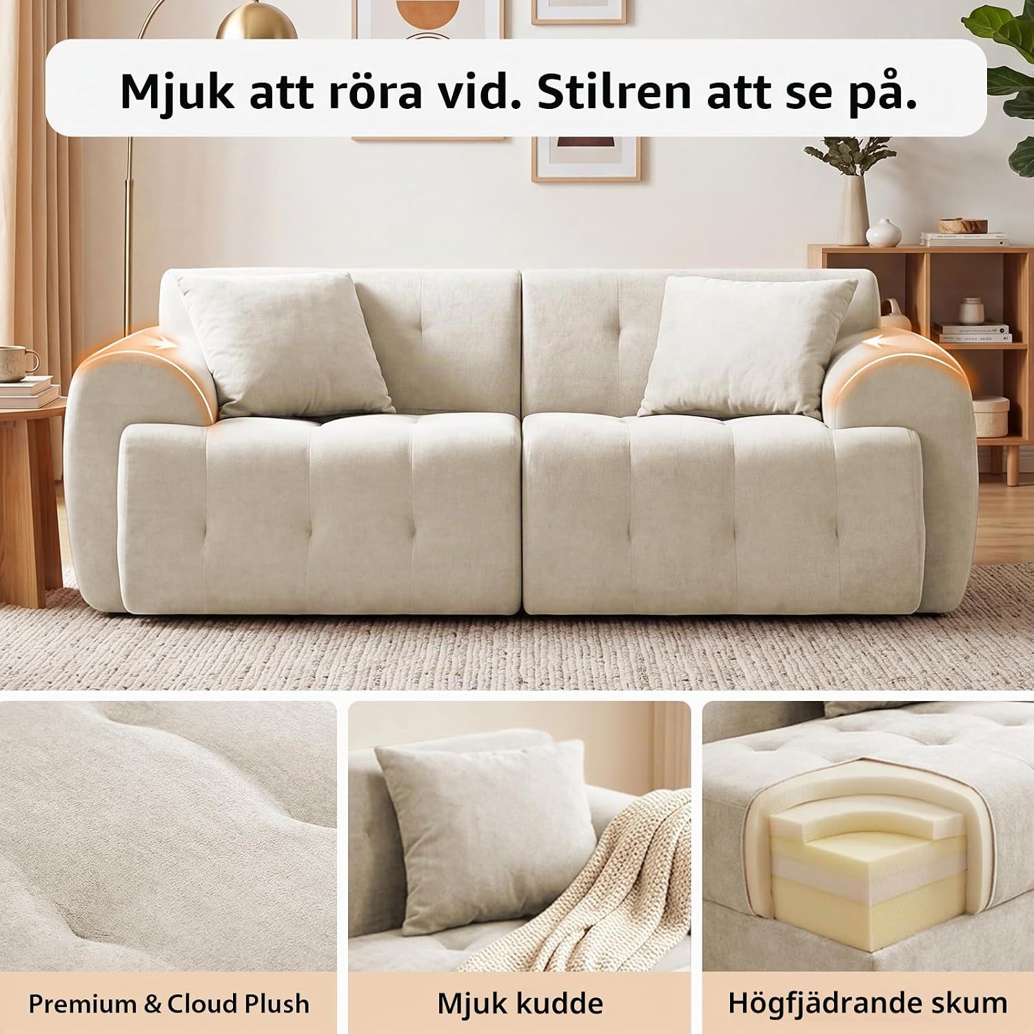 Detalle de COMHOMA B16 2-sitssoffa, beige golvsoffa 180 x 86 x 40 cm utan montering
