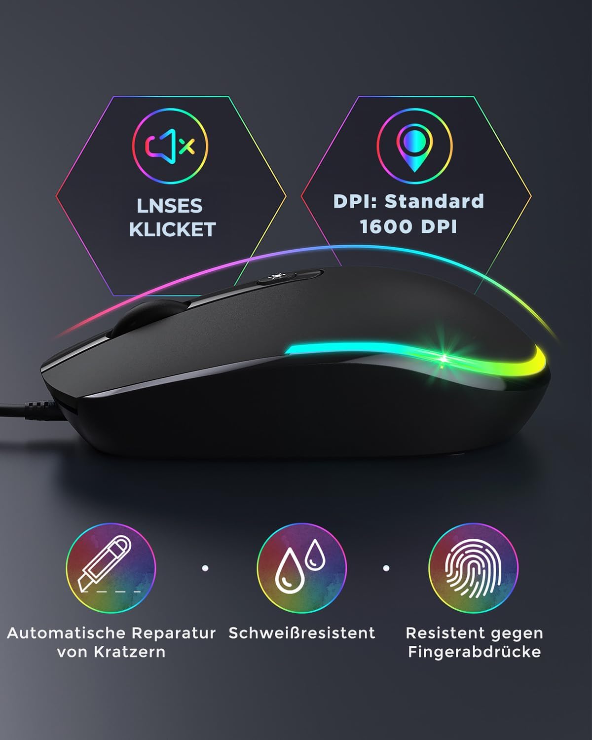 Detalle de seenda Maus mit Kabel (1600 DPI, USB, LIGHTSYNC RGB) für PC/Laptop – Schwarz