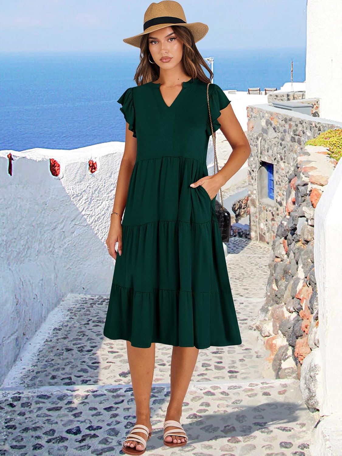Thumbnail 1 de ANRABESS Womens Summer Dress: Ruffle Sleeve, V-Neck, Midi Boho Sundress