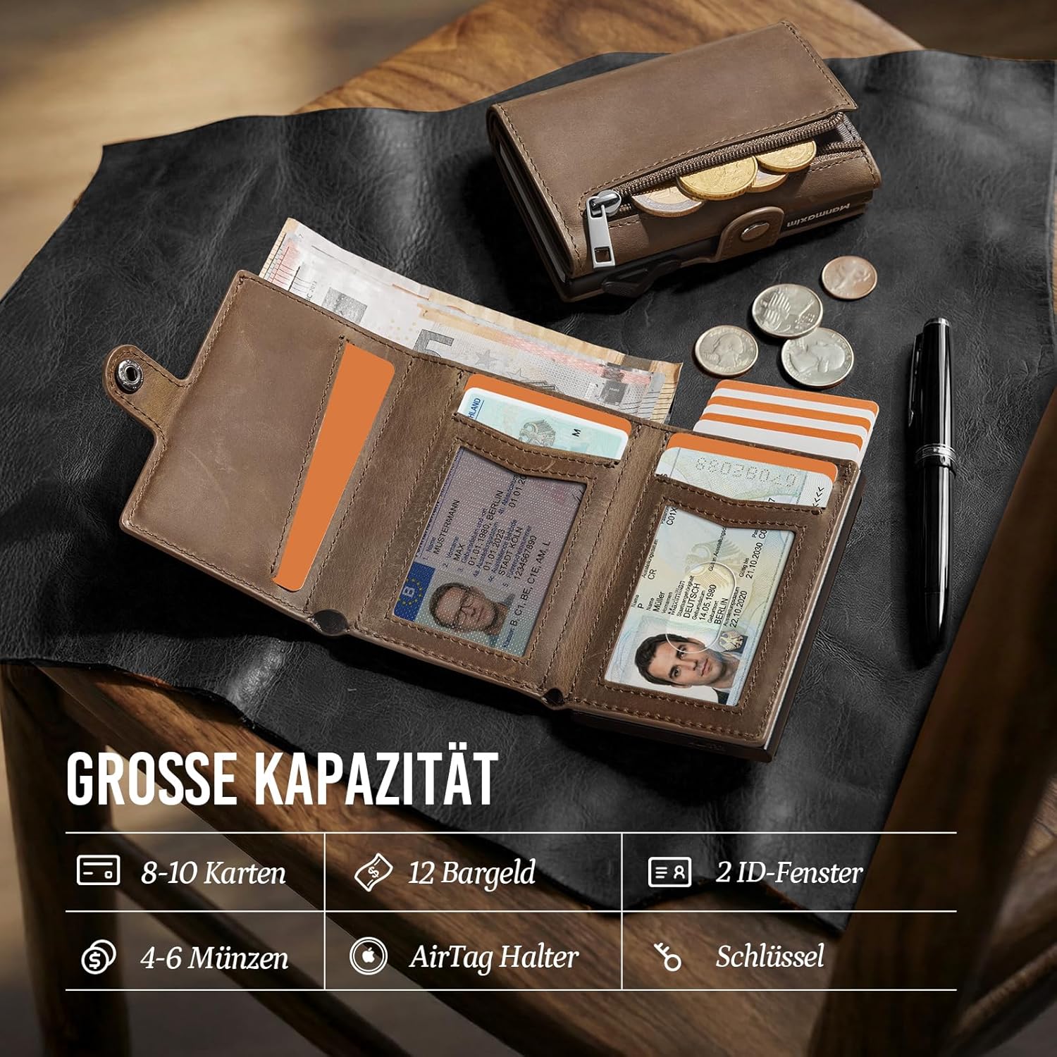 Thumbnail 2 de YESIIW Portmonee Herren – Echtleder mit AirTag Fach, Pop-Up Kartenetui, RFID Geldbörse Braun