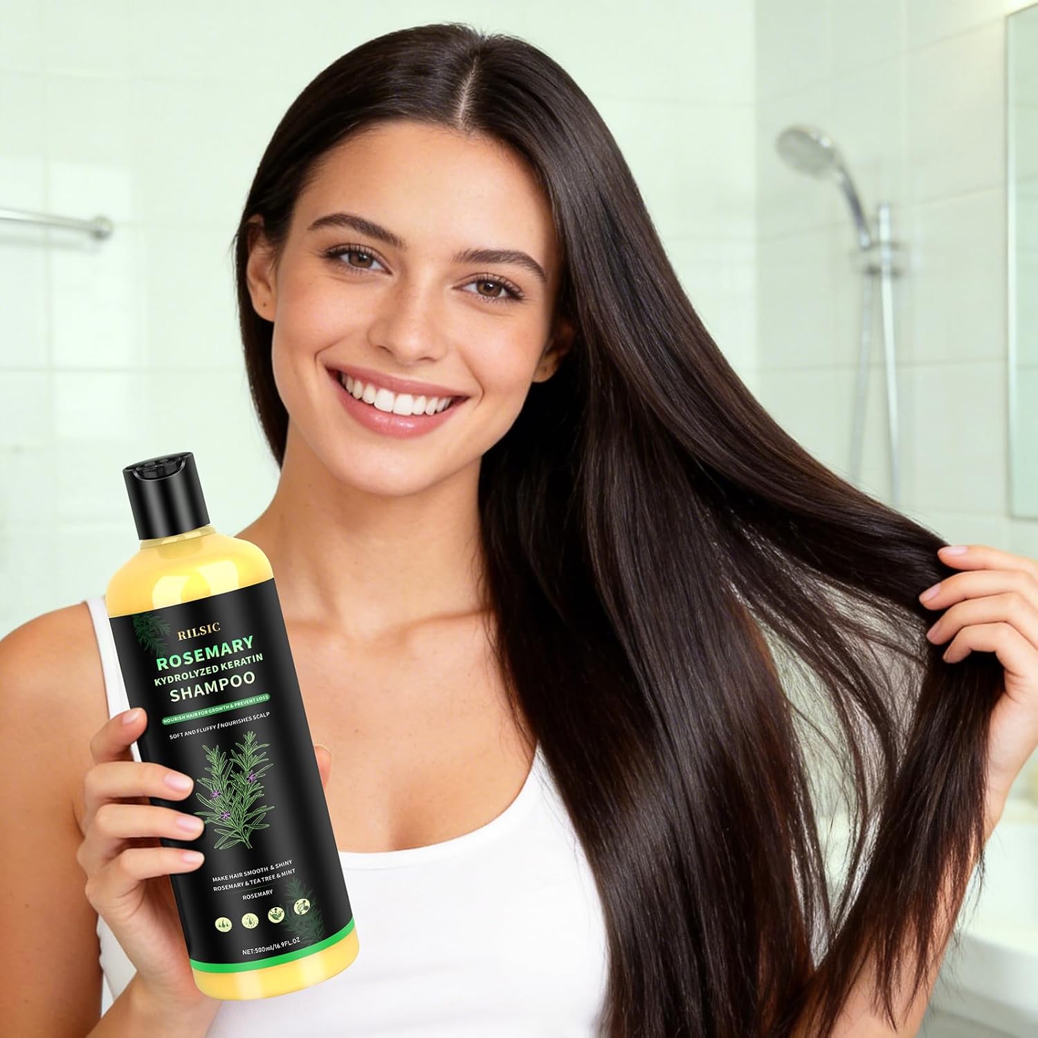 Detalle de Rosmarin Shampoo für Haarwachstum 500ml – Volumen Shampoo gegen fettiges Haar, stärkt Haarwurzeln und sorgt für dichteres, weiches Haar