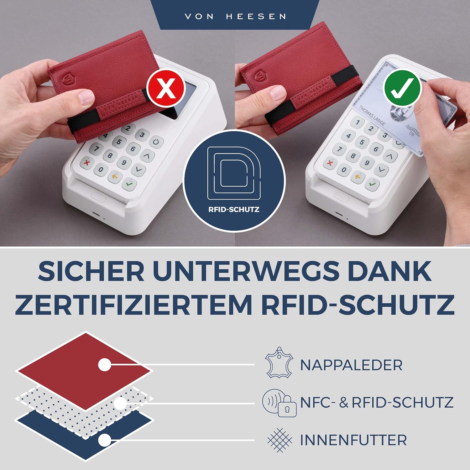 Thumbnail 2 de VON HEESEN Slim Wallet mit Münzfach & RFID-Schutz – Minimalistisches Kartenetui aus Nappa-Leder