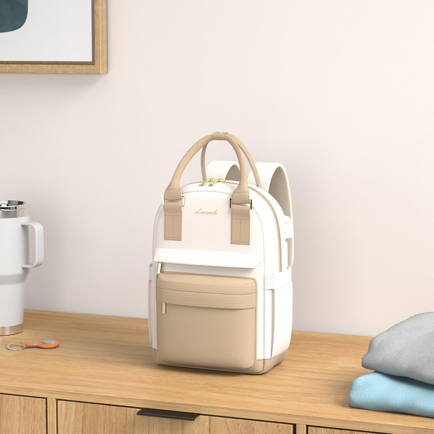 Detalle de LOVEVOOK Petit Sac à Dos Femme – Mini Sac à Dos Étanche et Antivol, USB Charge Portable, kaki/beige
