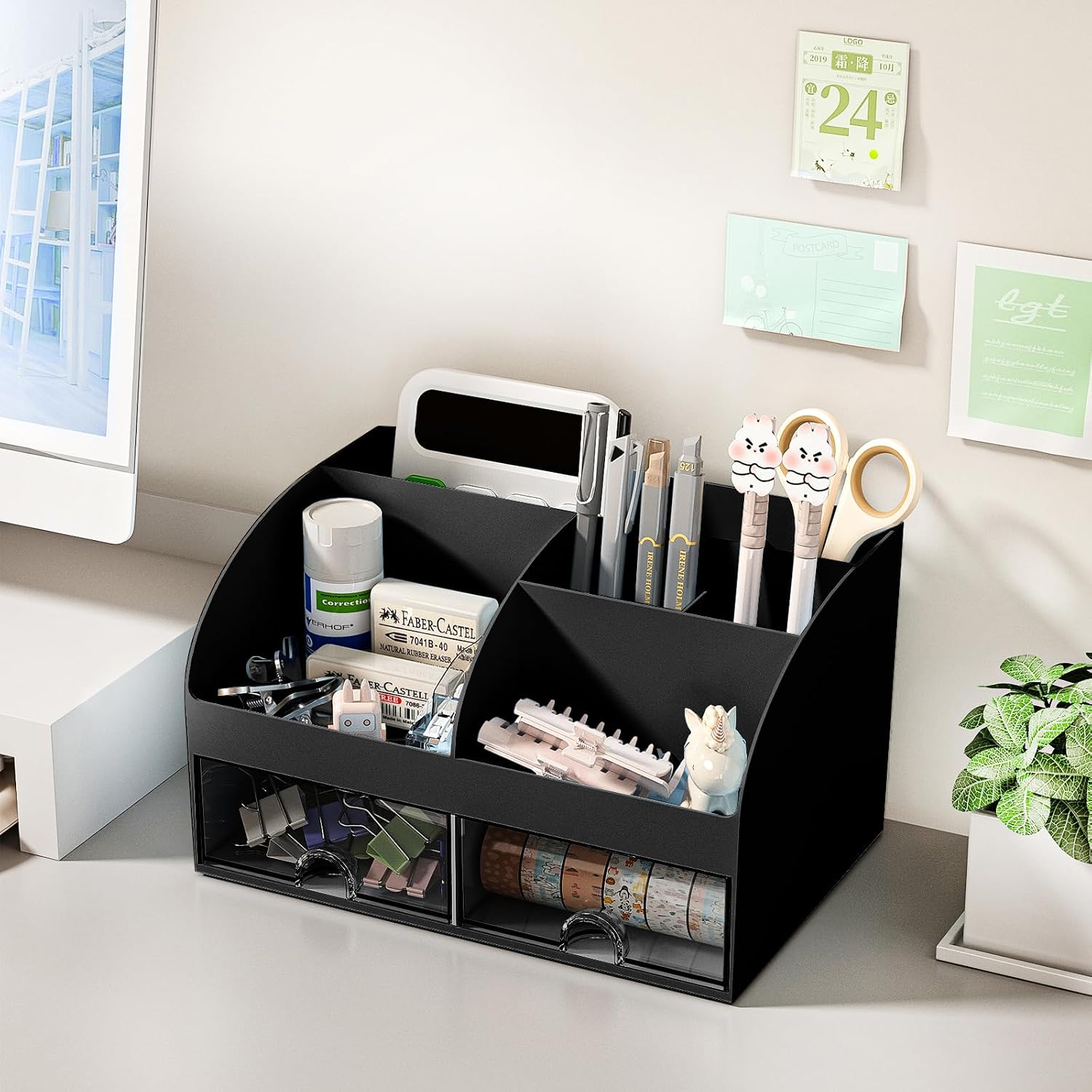 Detalle de COMFYROOM Desktop organizer with 6 Compartments, 2 Drawers, Black Plastic