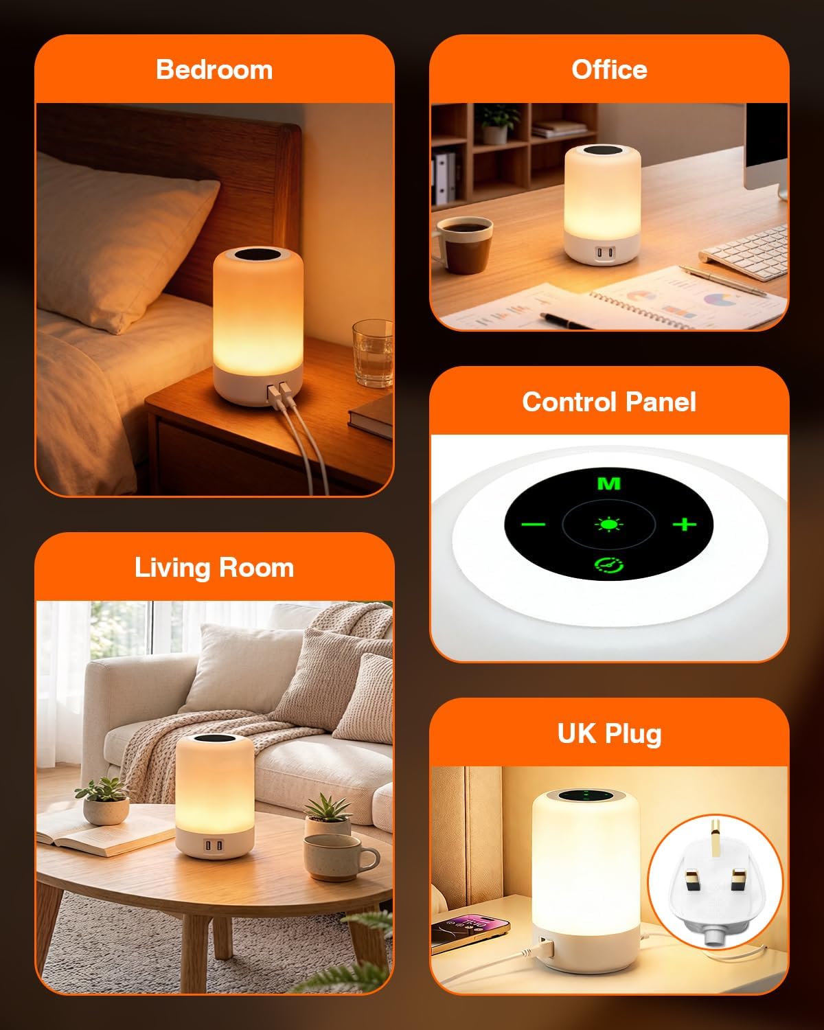 Thumbnail 6 de salipt Touch Control Bedside Lamp with 4-Port USB Charging, Colour-Changing Night Light and Adjustable Brightness