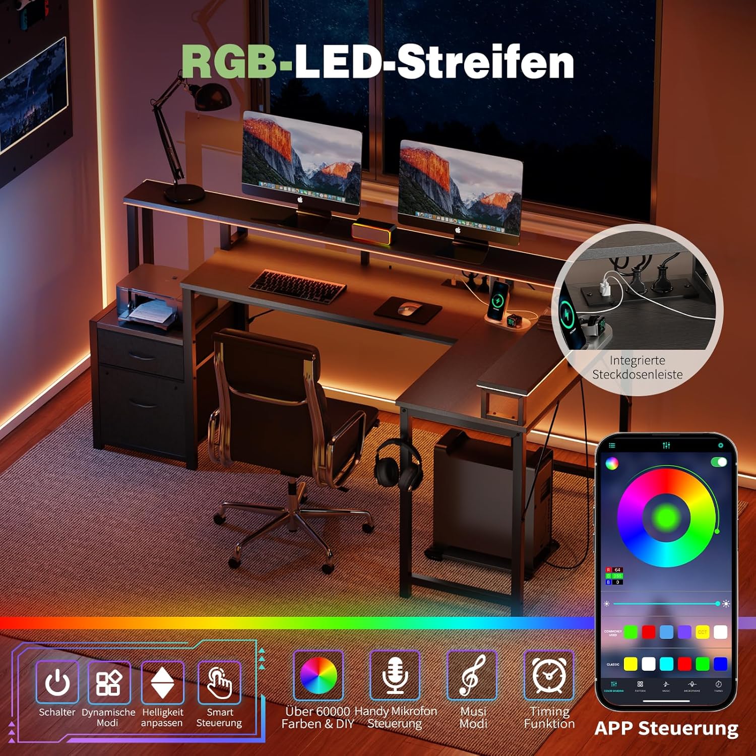 Detalle de YOUDENOVA Scrivania angolare con cassetti – scrivania a forma di L 168 x 100 cm con LED, prese e USB