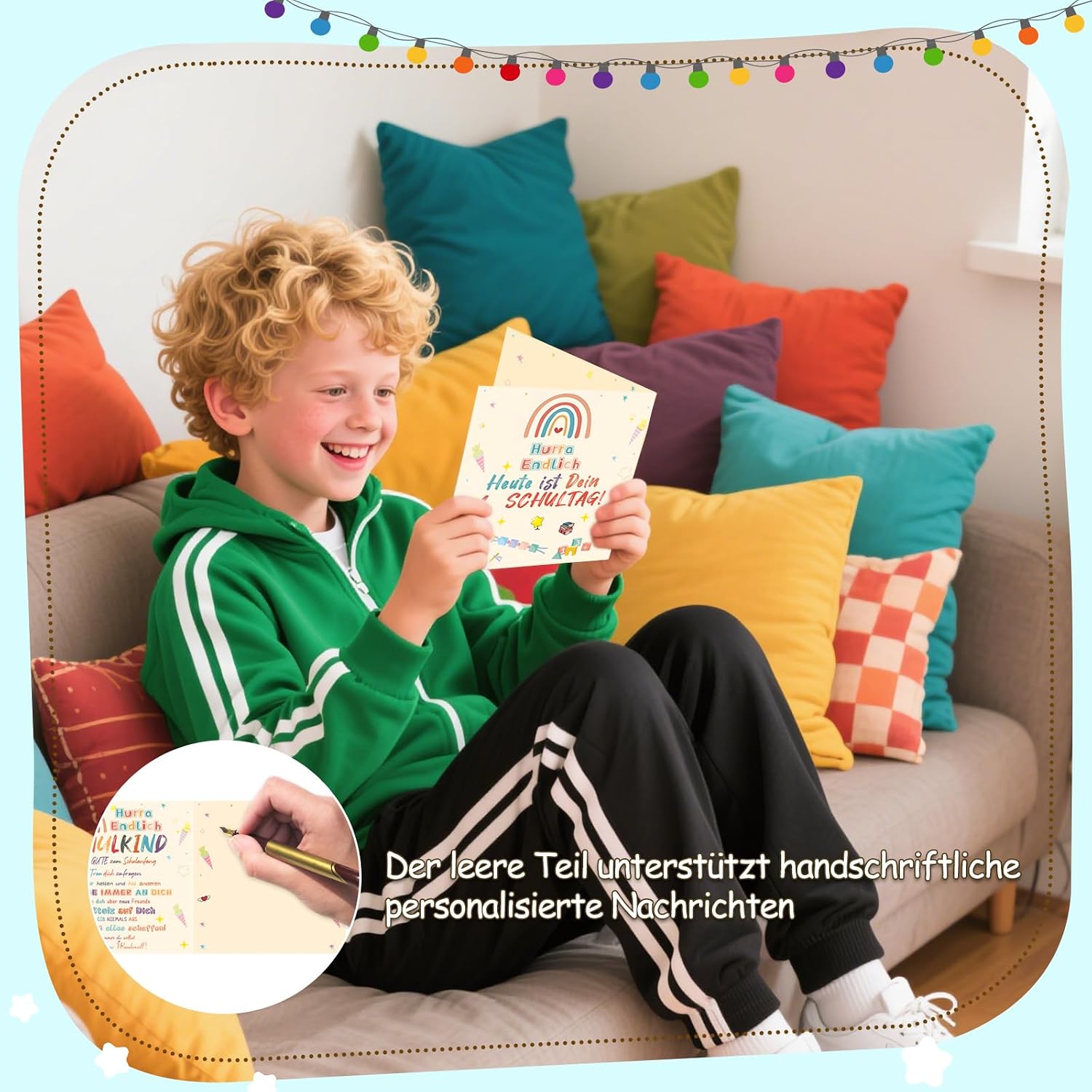 Detalle de KUPITM6 Rechenkette Geschenk Einschulung Junge – Glücksbringer Schulstart-Set mit Grußkarte und Geschenkbox