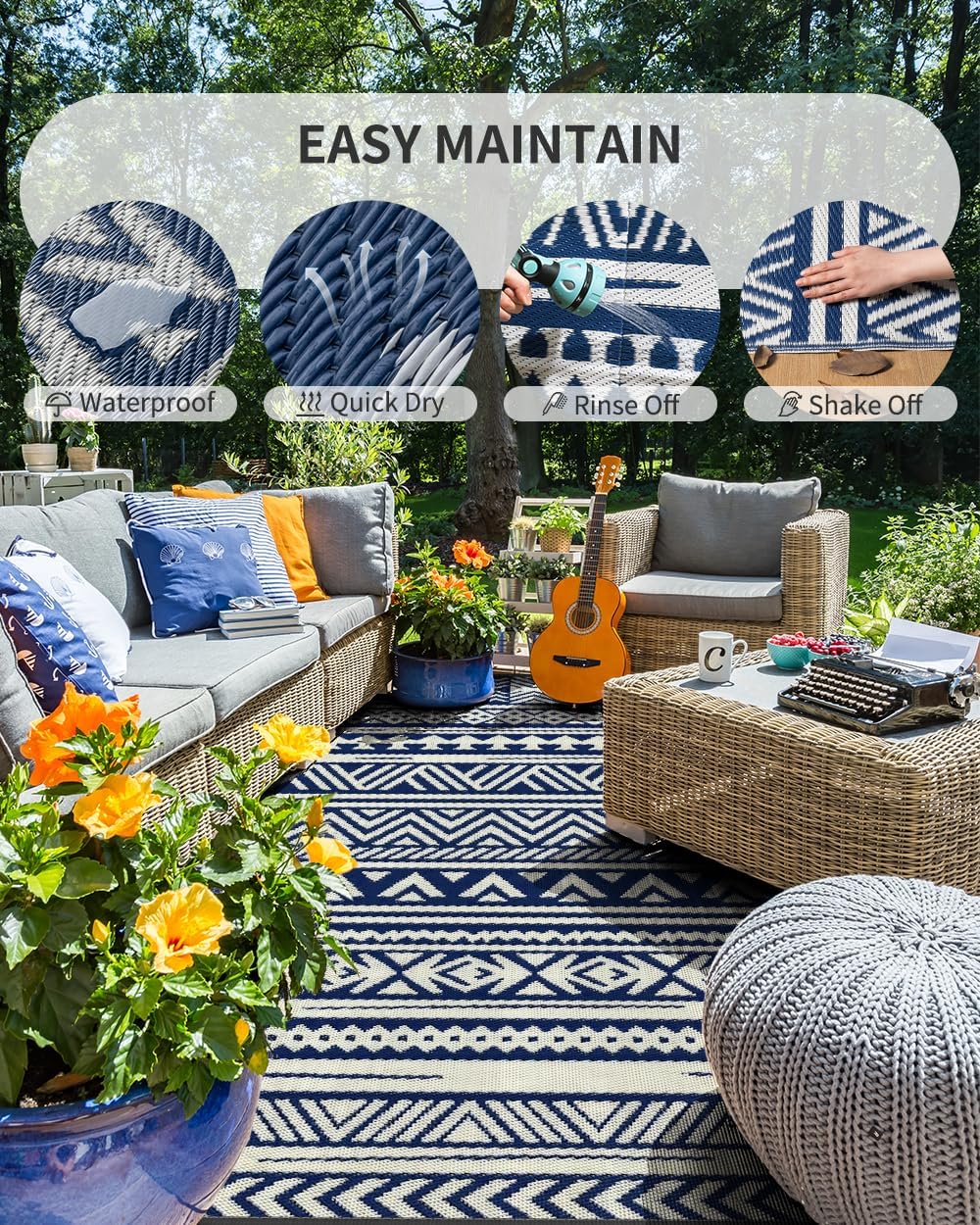 Thumbnail 1 de MontVoo-Outdoor Rug Carpet Waterproof 5x8 ft: Reversible, Durable Boho Navy Blue Patio Rug