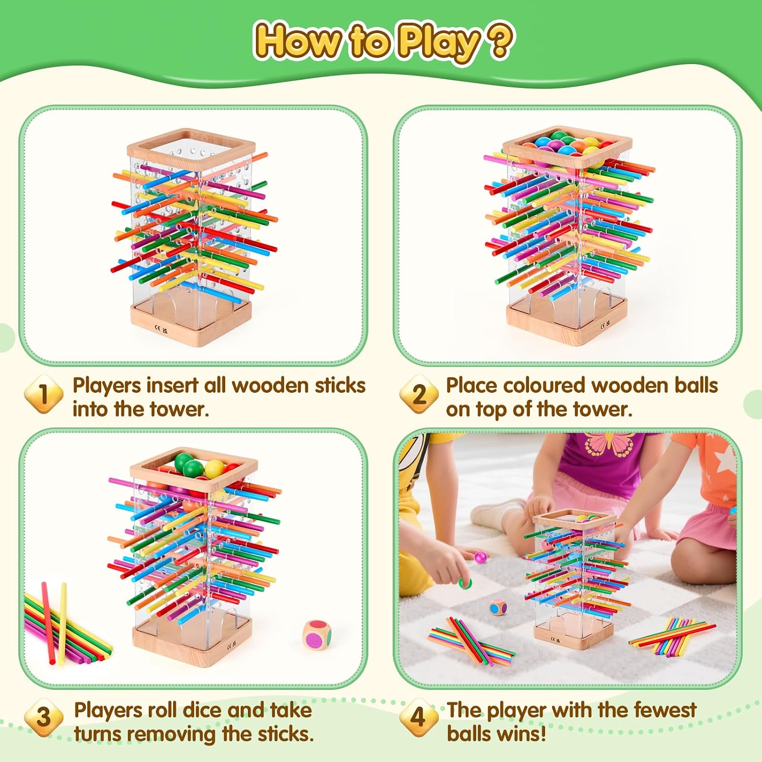 Detalle de Montessori Wooden Board Game Tower Set with 48 Coloured Sticks and 12 Balls (Ages 3+)