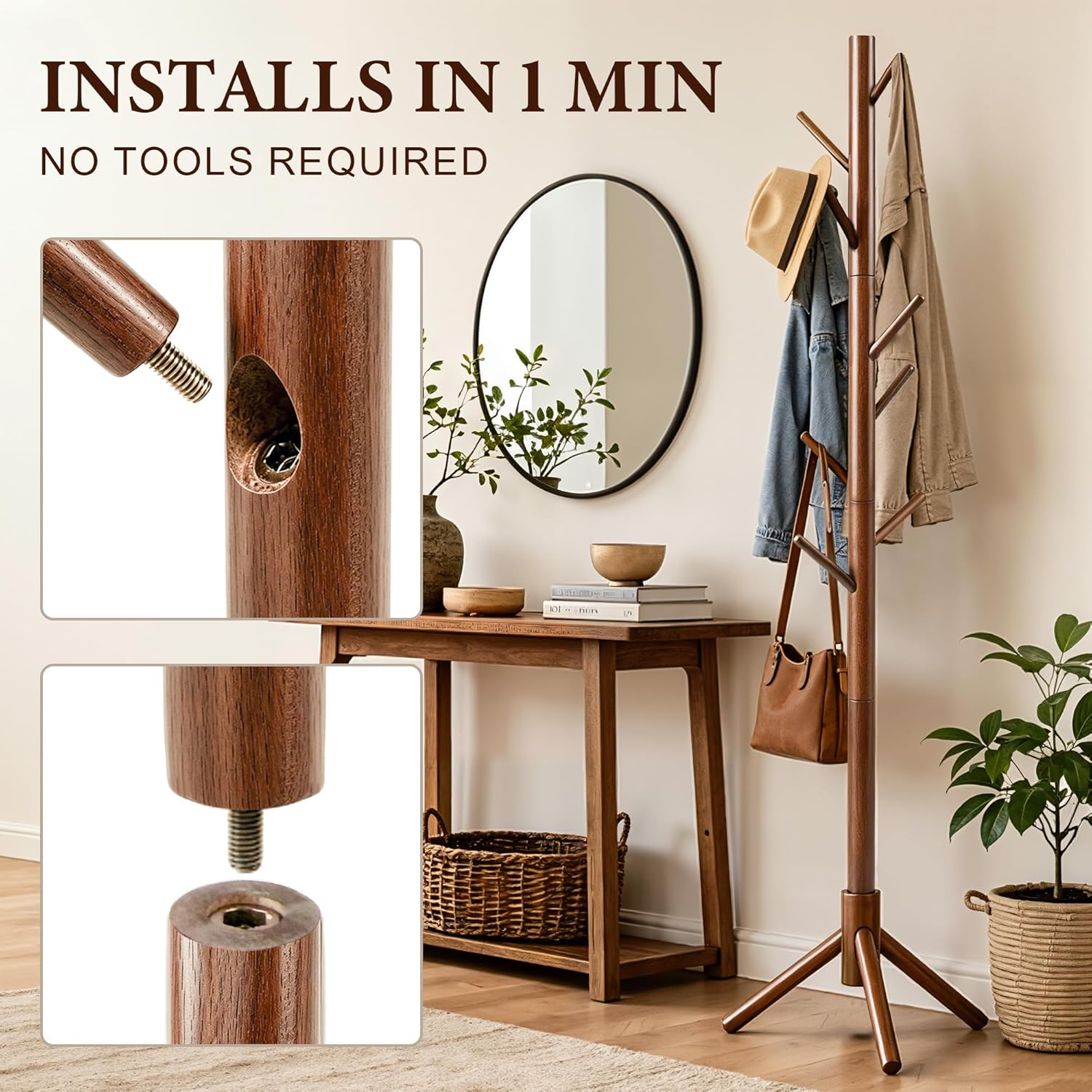 Detalle 2 de Freyawin Rack-Brown Wooden Freestanding Coat Rack with 8 Hooks and 3 Heights
