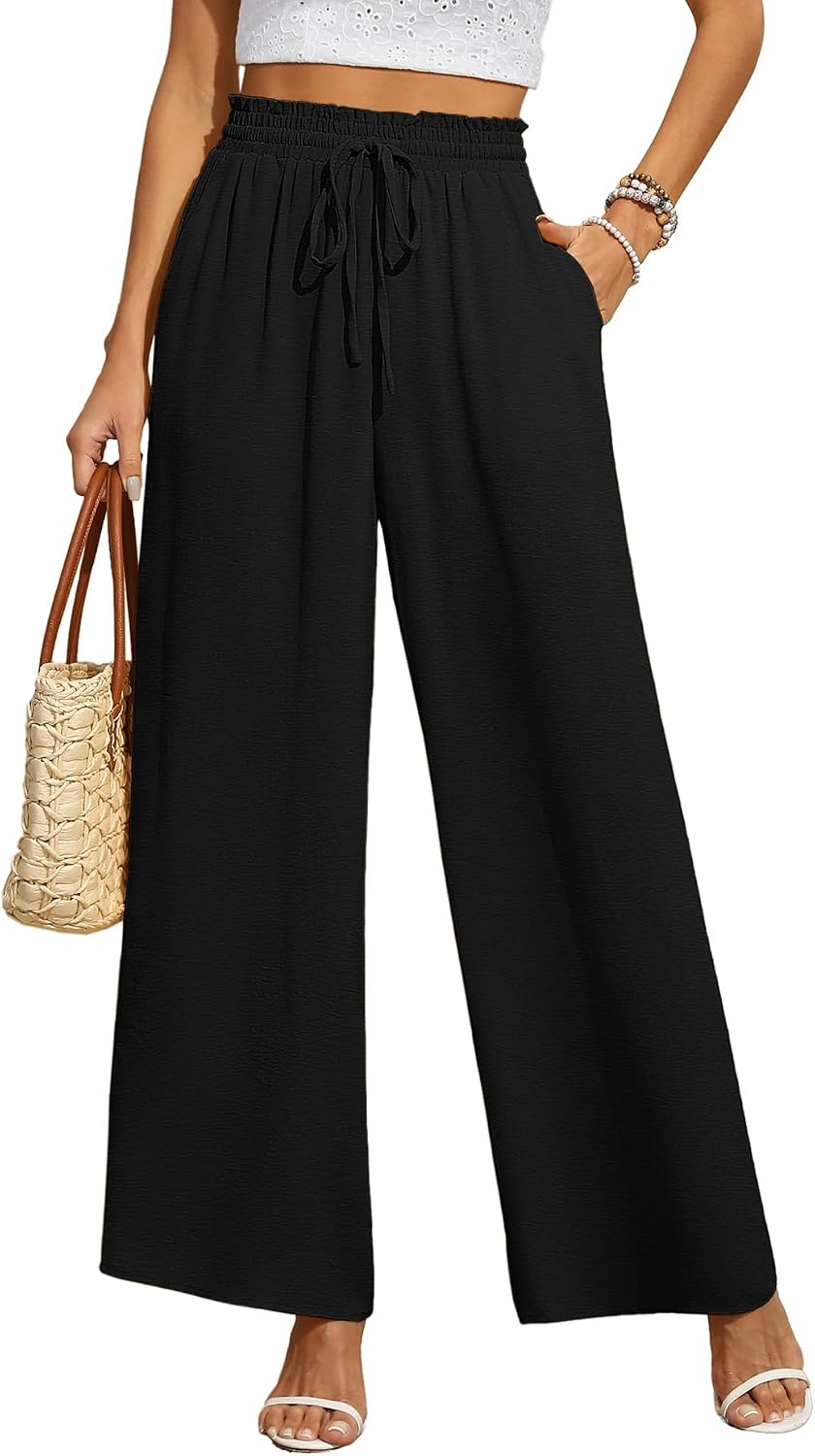 Detalle de BEIGAI Women Trousers: Elasticated High Waist Wide Leg with Pockets