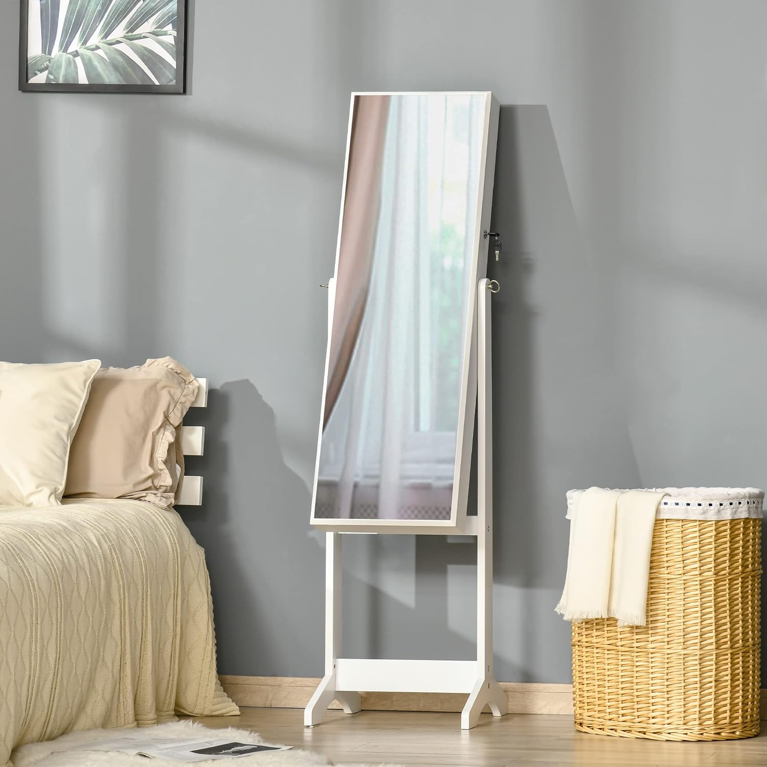 Detalle 2 de HOMCOM Espejo Joyero de Pie 46x36,5x151,5 cm Blanco
