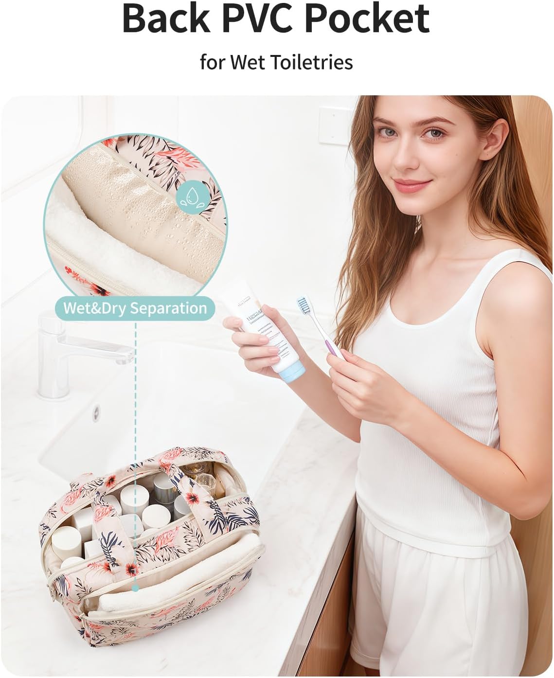 Detalle 2 de Narwey Groß Kosmetiktasche Beige Flamingo – Kulturbeutel Reise Organizer