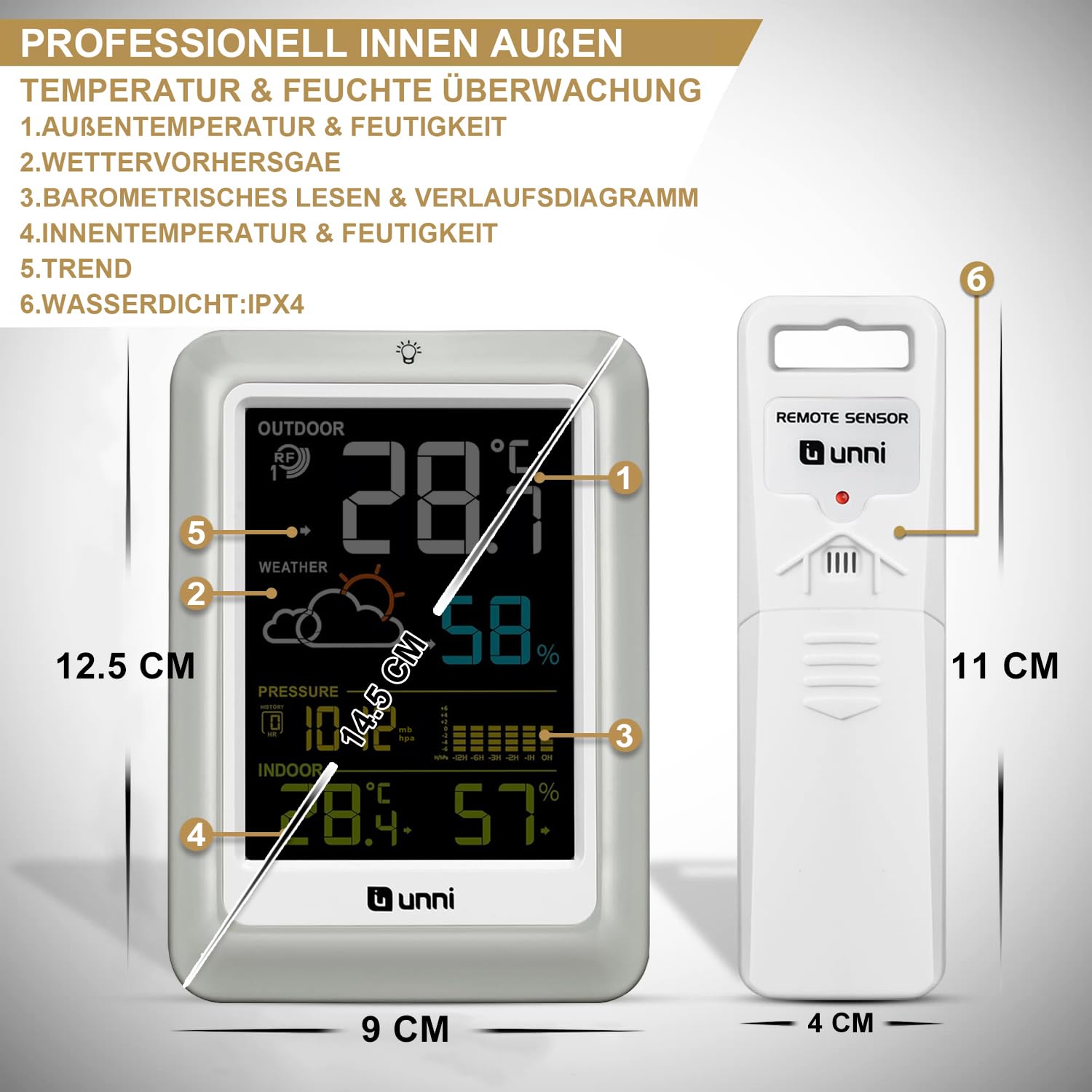 Thumbnail 4 de U UNNI Funk-Wetterstation mit Außensensor (Batterie oder USB), Wettervorhersage & 3 Helligkeitsstufen