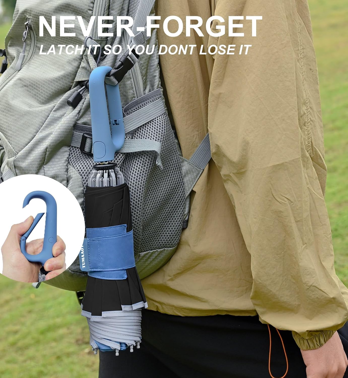 Detalle 2 de TUMAAOTU Compact Inverted Umbrella with Carabiner Handle – windproof travel auto open/close