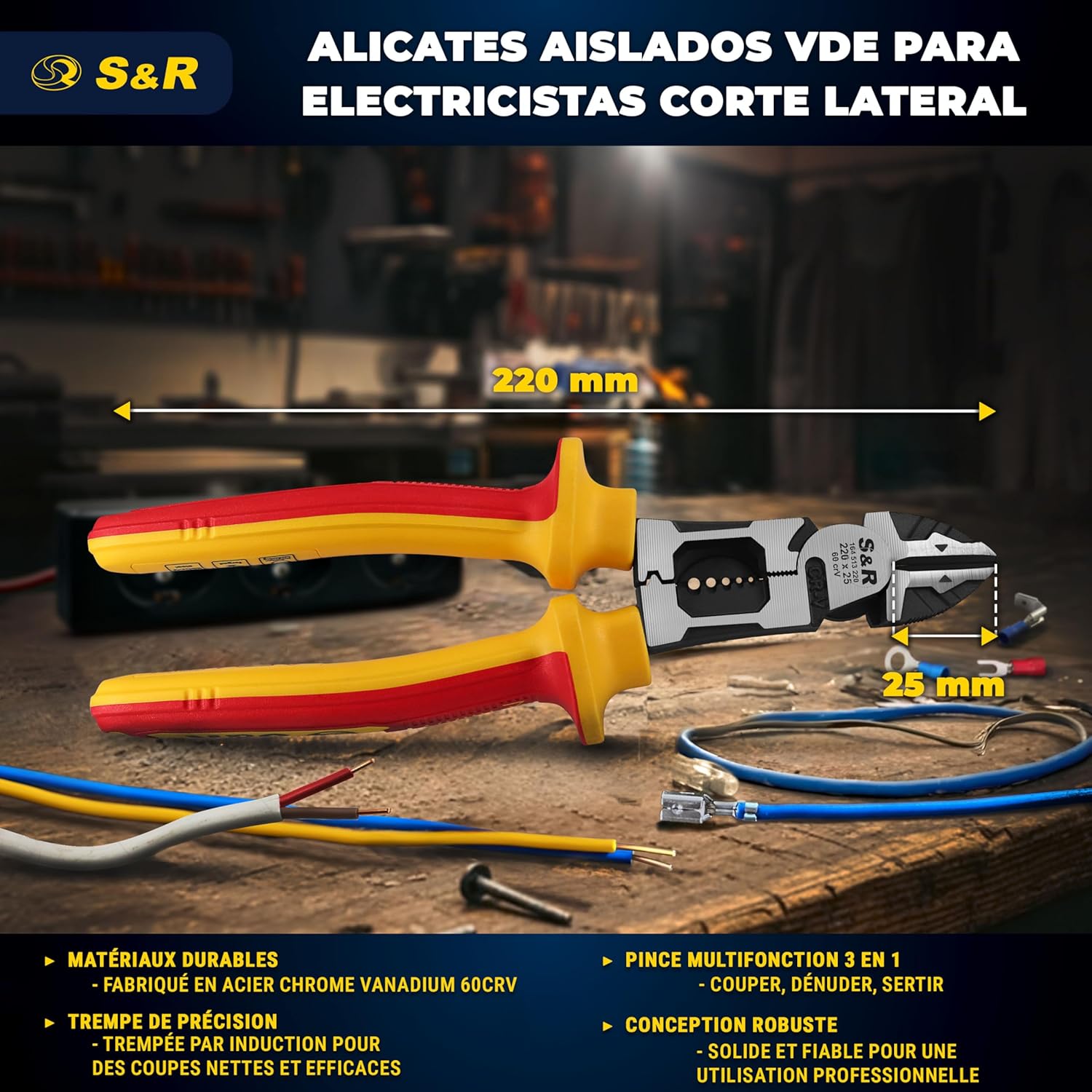 Detalle de S&R Pince d'Électricien Isolée VDE 1000V - Pince Coupante Diagonale Multifonction 220 mm
