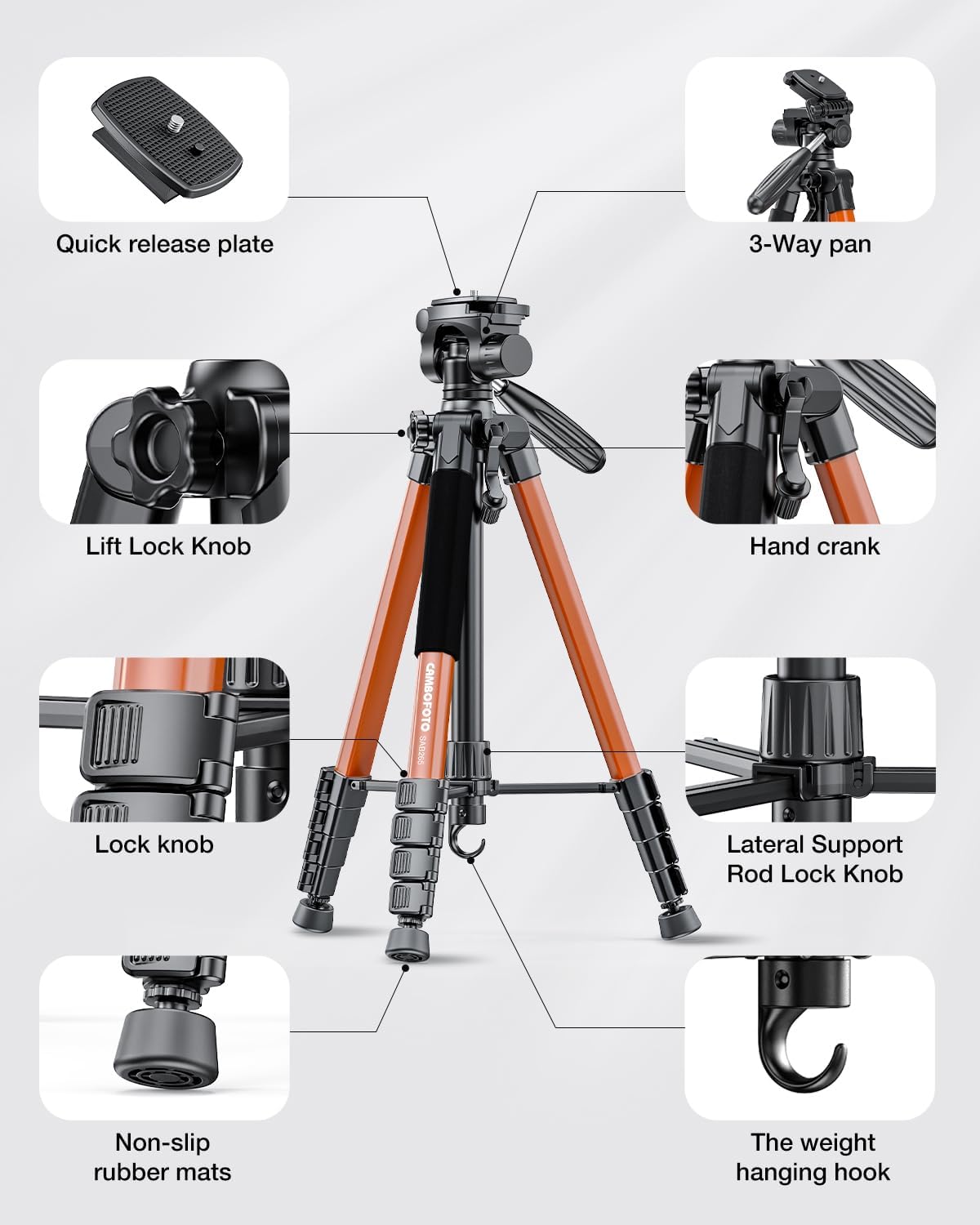 Detalle 2 de CAMBOFOTO SAB265 74-Inch Camera Tripod, Orange Aluminum, 360° Pan Head