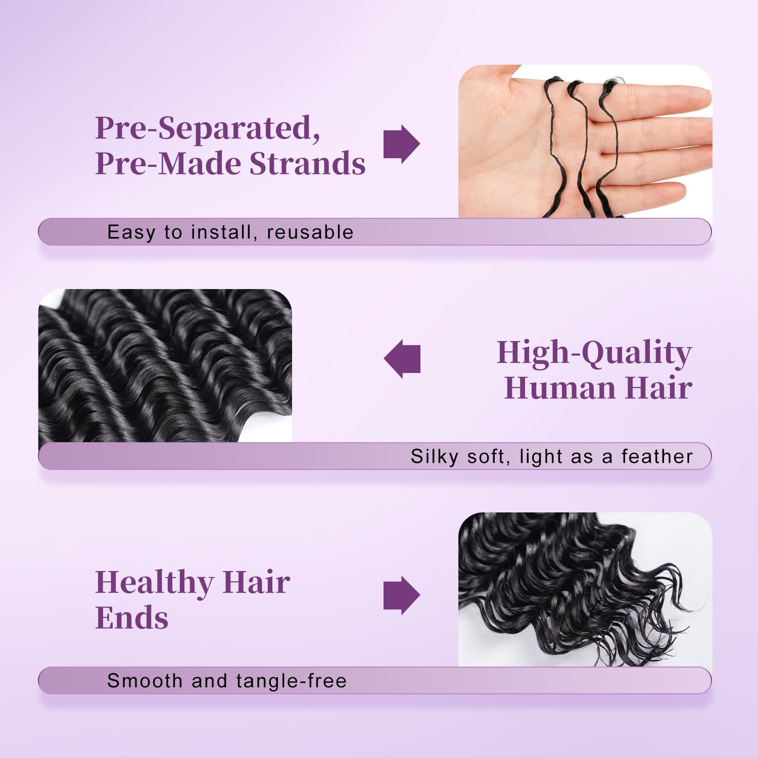 Detalle de Miokimou Feather Crochet Human Hair 20Inch Deep Wave: Knotless, Pre-Separated for a Fuller Look