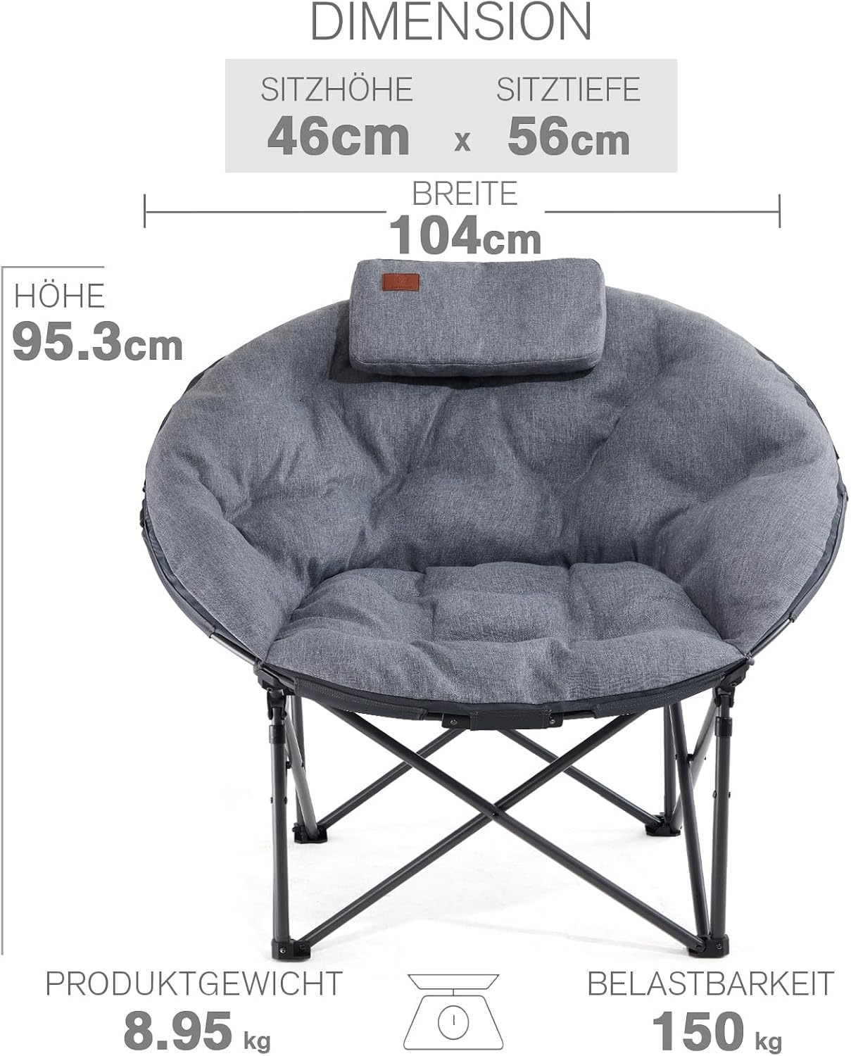 Thumbnail 2 de EVER ADVANCED Luxus Moonchair XXL Campingstuhl faltbar, 150 kg belastbar, extra breit mit Kissen – Grau