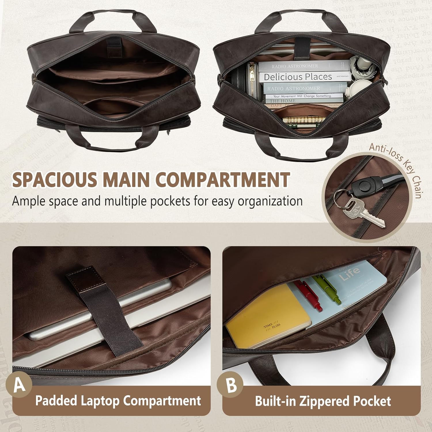 Detalle de RAINSMORE Laptop Bag for Men – 16 Inch PU Leather Satchel Briefcase