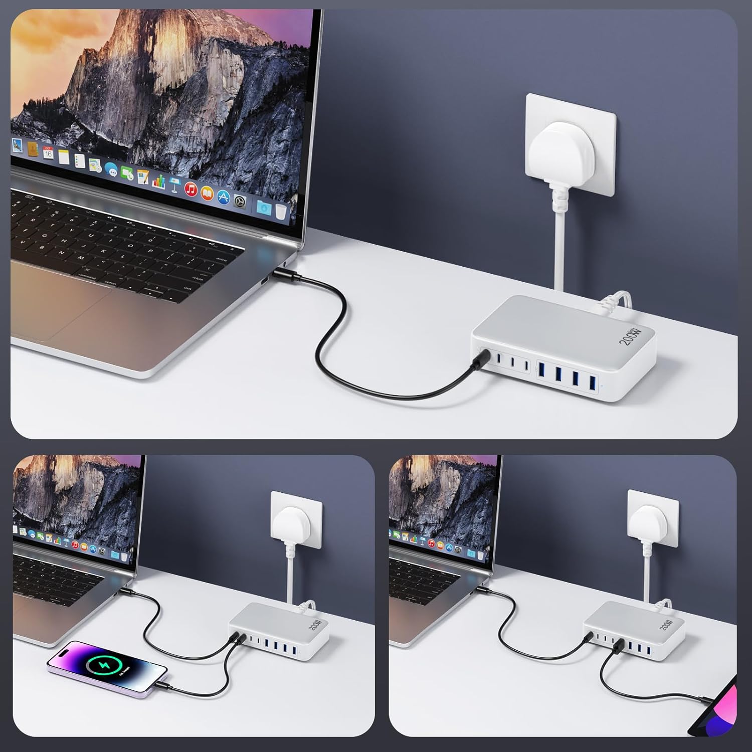 Thumbnail 5 de 200W USB-C Fast Charger Block (8-Port) with GaN III – 65W USB-C Laptop Charging Station Hub (White)
