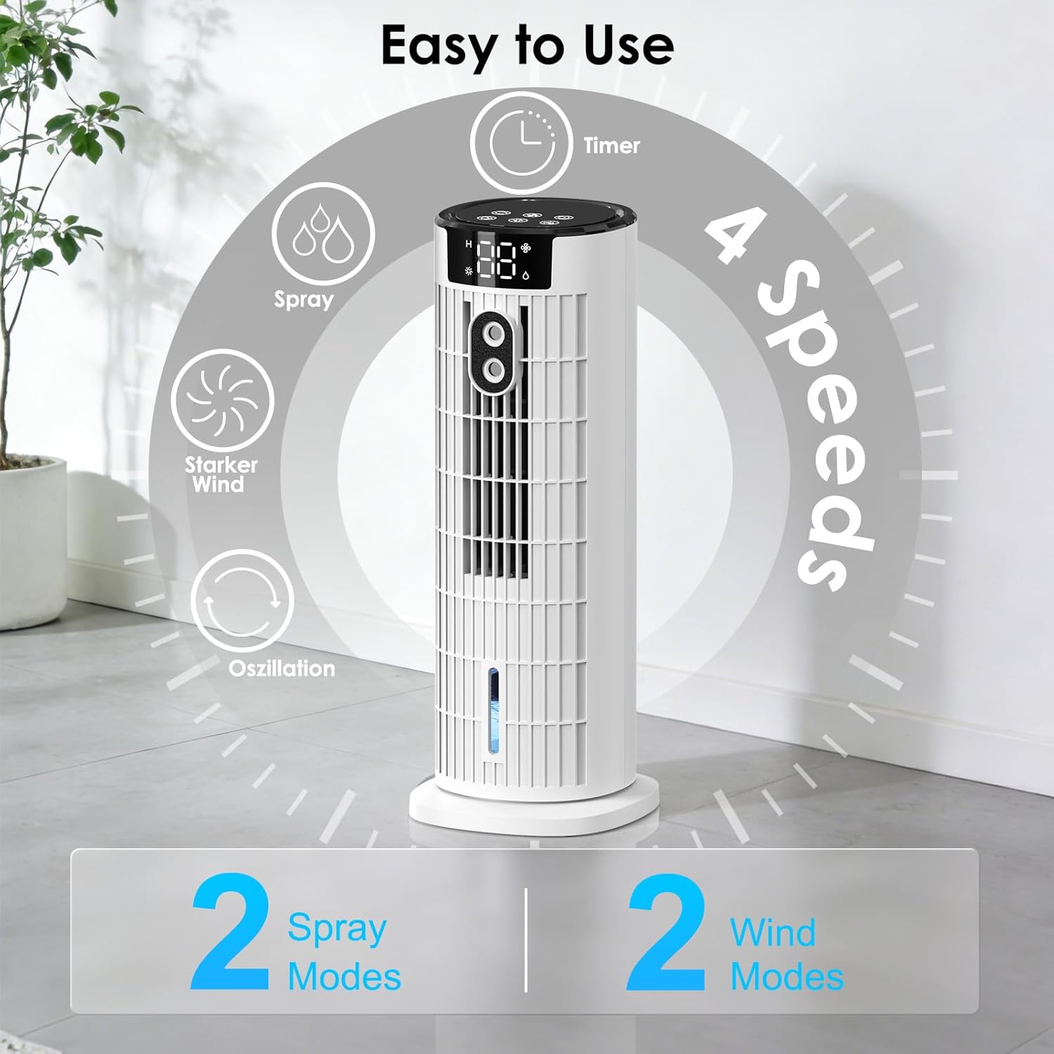 Thumbnail 6 de Air Cooler Portable Air Conditioner with 3 Speeds, LED Display, and Remote – 90° Oscillation Tower Fan (White)