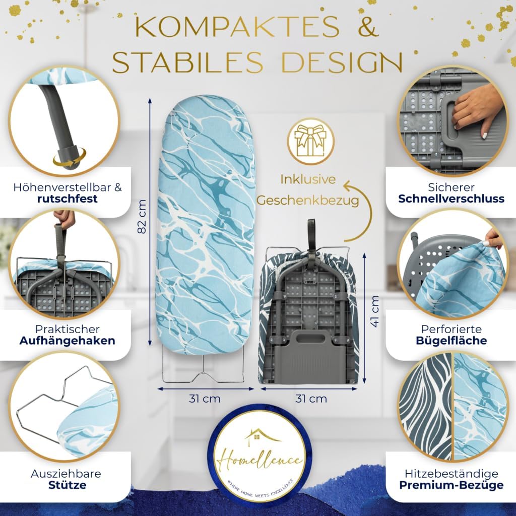 Thumbnail 2 de Homellence kleines Tischbügelbrett klappbar (Blau) inklusive 2 Premium-Bezügen – kompakt zum Reise- und Alltagbügeln