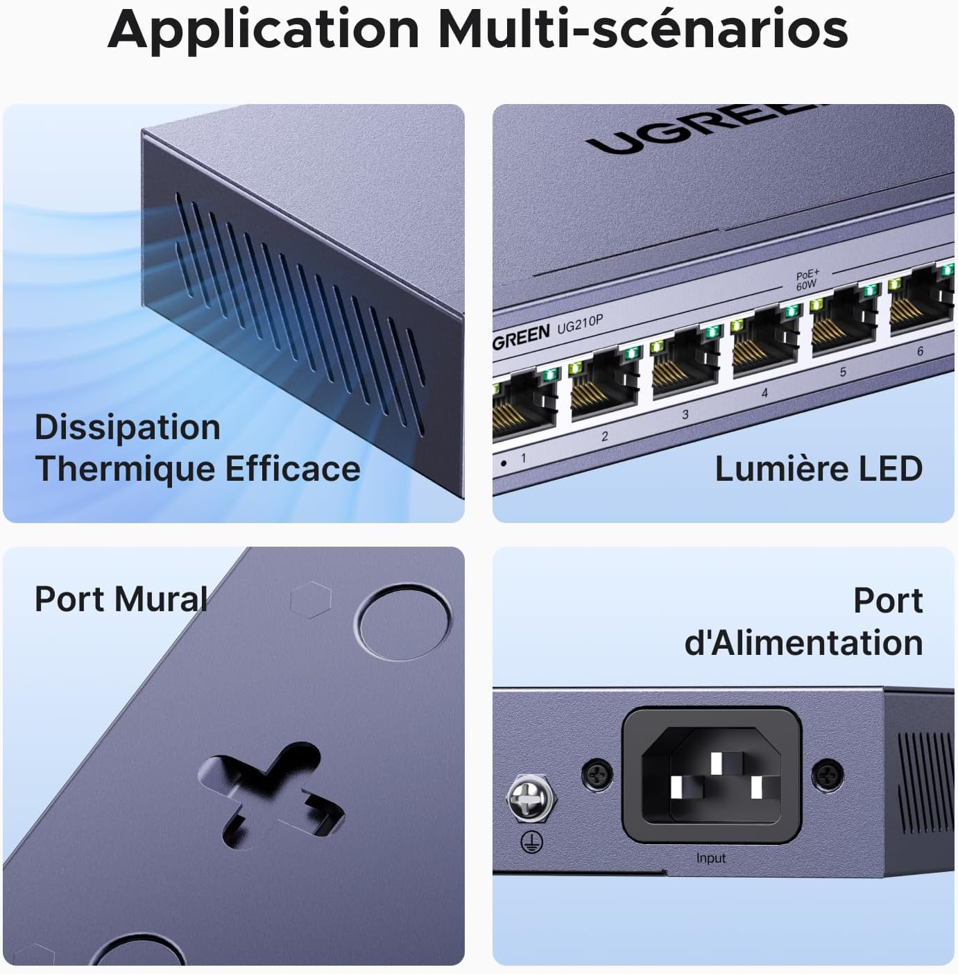 Detalle de UGREEN 10-poorts Gigabit-switch met 8 PoE-poorten, 2 uplinks en 60 W