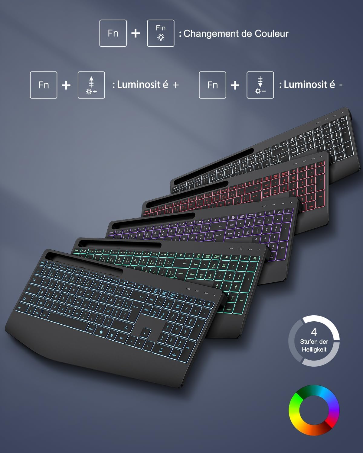Thumbnail 3 de TECURS Clavier sans Fil 2,4 GHz AZERTY Français avec Repose-Poignet – Rétroéclairage 7 couleurs, Silent et Ergonomique