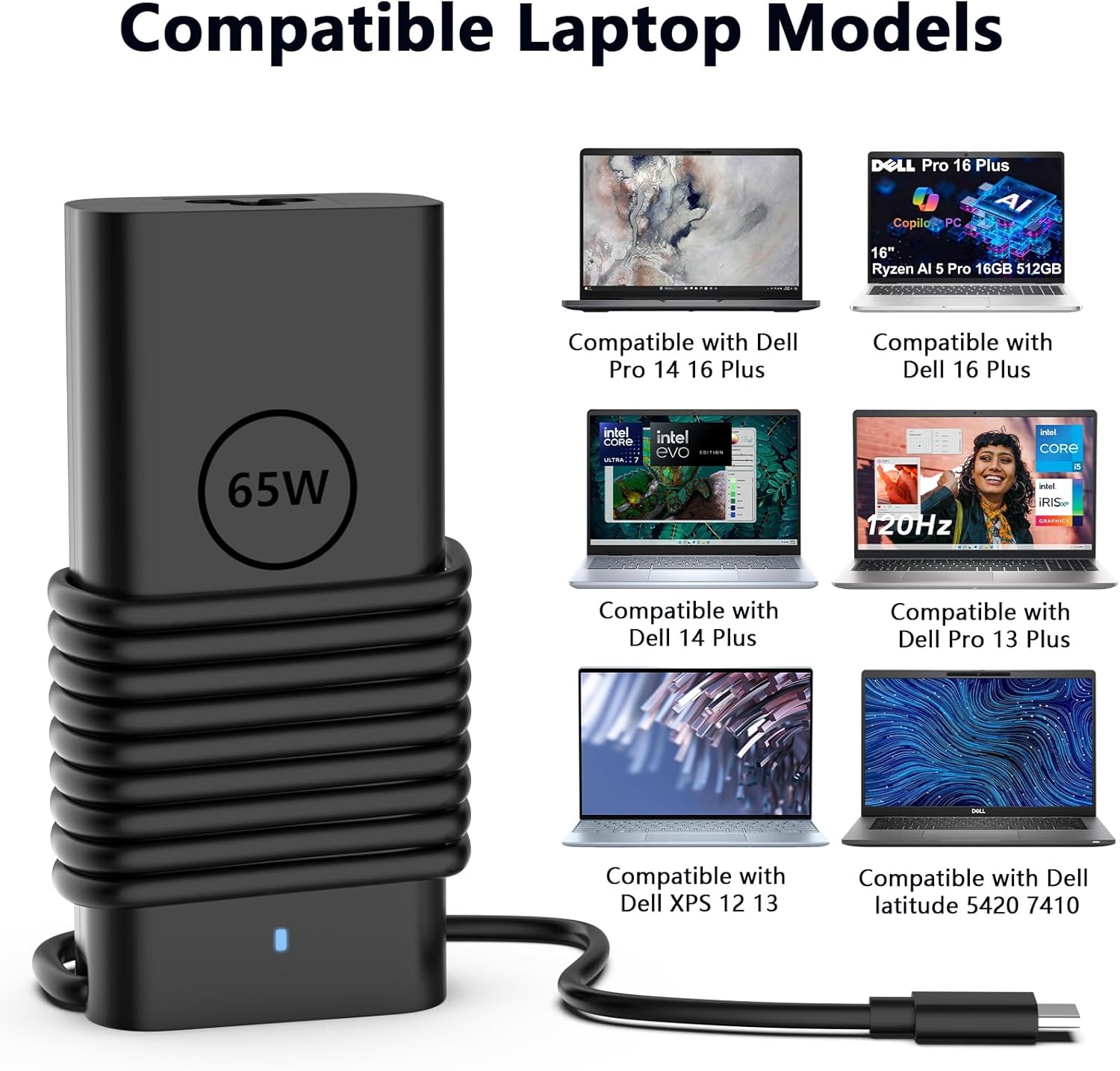 Thumbnail 3 de 65W USB-C Laptop Charger (Dell-compatible) with USB Type C connector and AC power cord