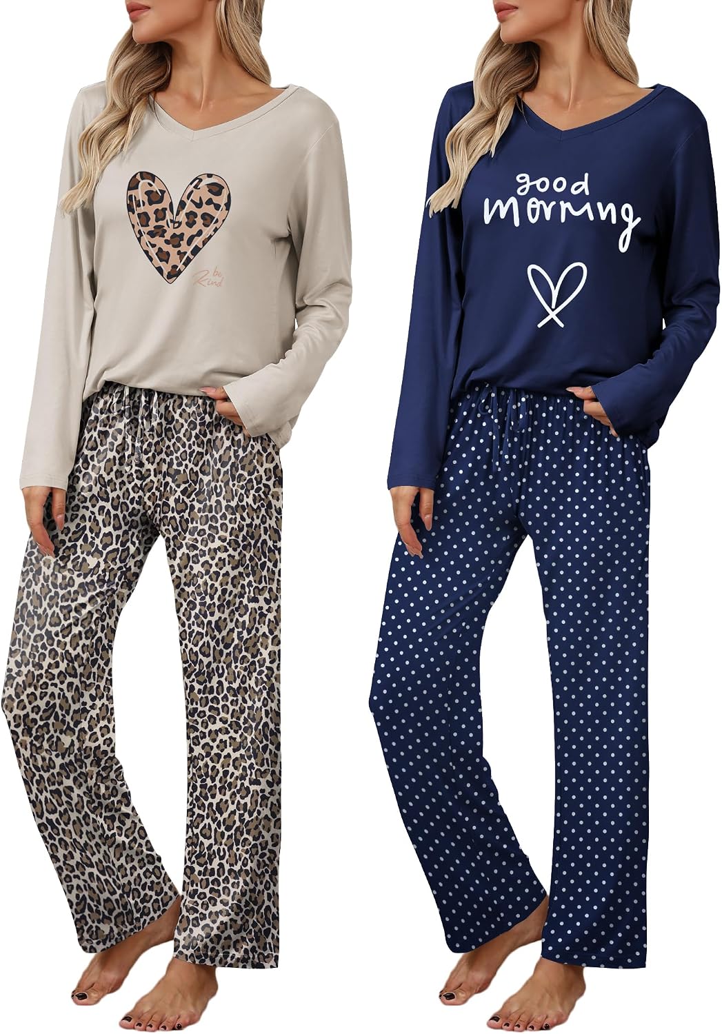 Detalle de Ekouaer Women's 2-Pack Long-Sleeve Pajama Sets with V-Neck Tops and Pockets