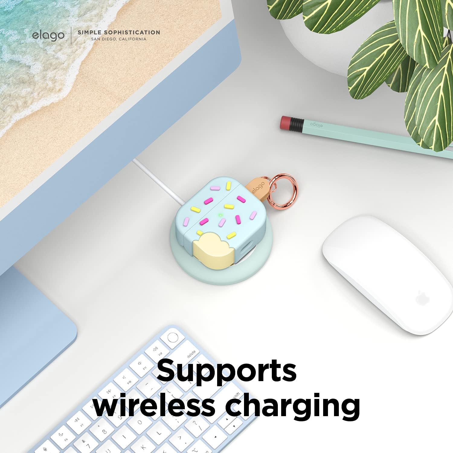 Detalle 2 de elago Coque Glace avec mousqueton pour AirPods 3 – silicone, compatible charge sans fil (menthe)