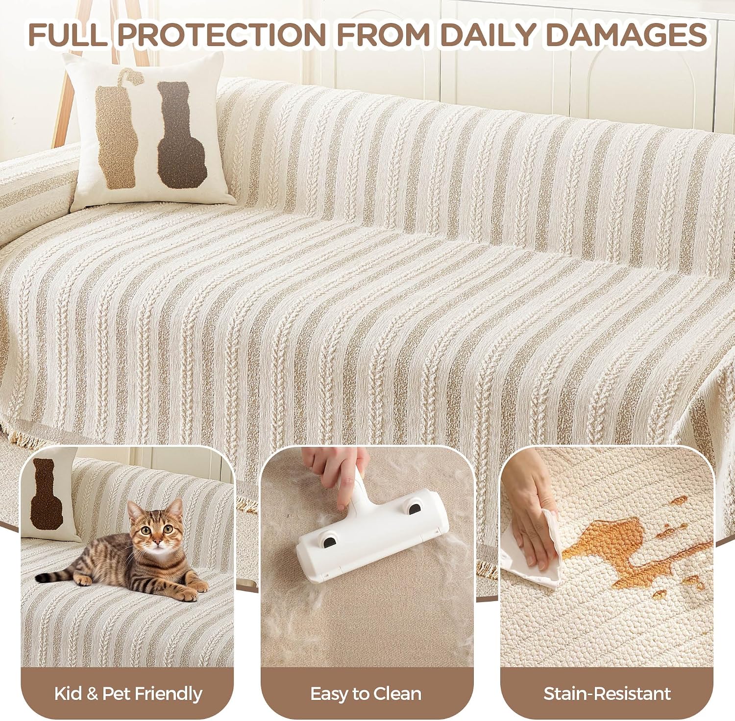 Thumbnail 3 de KaviKon Chenille Sofa Cover, 71 x 134, Striped Beige with Tassels