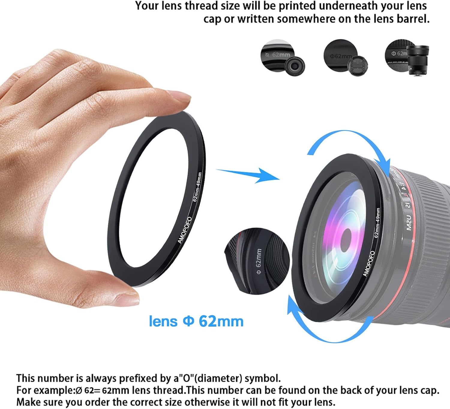 Thumbnail 1 de 62mm to 49mm Step-Down Ring: 62mm-49mm Camera Filter Adaptor for UV/ND/CPL Filters