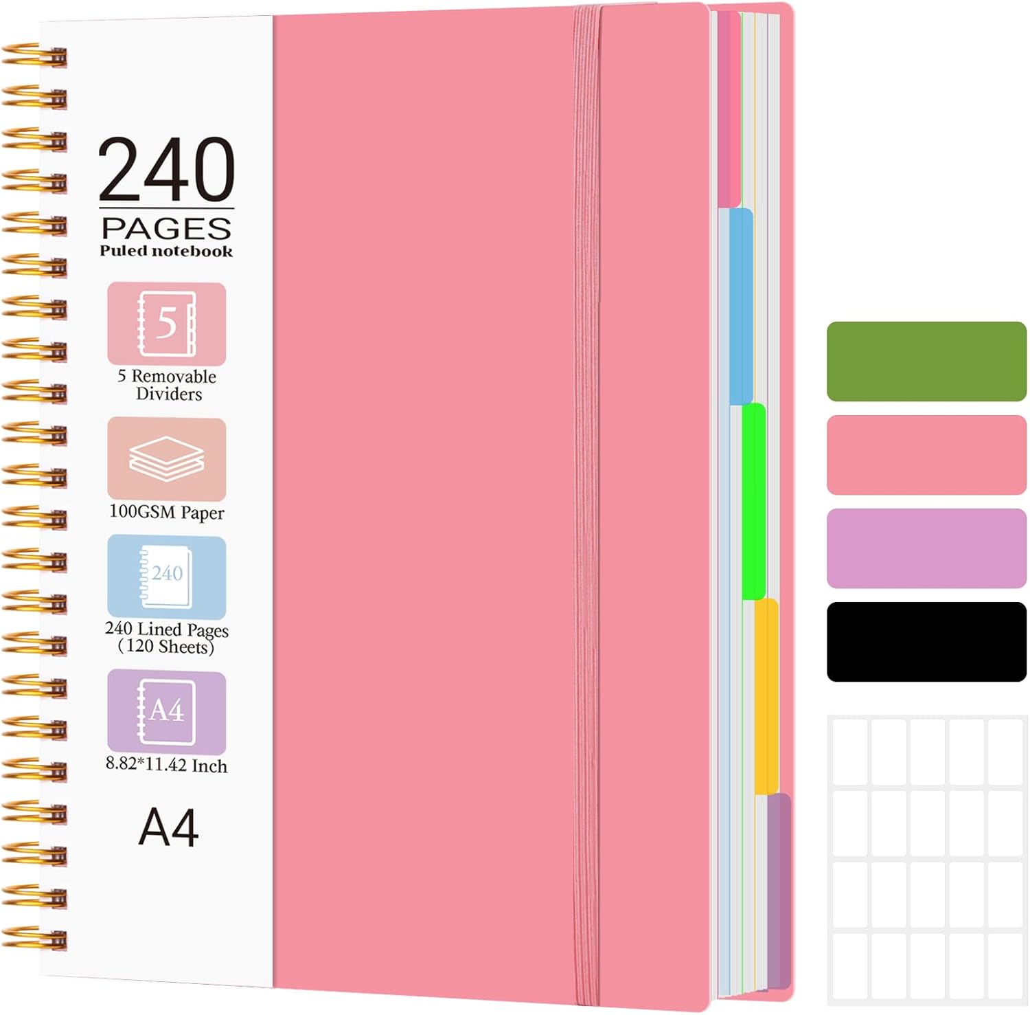 MOFELON A4 Notebook with Dividers – Pink, 240 Pages, 100gsm, PVC Hardcover