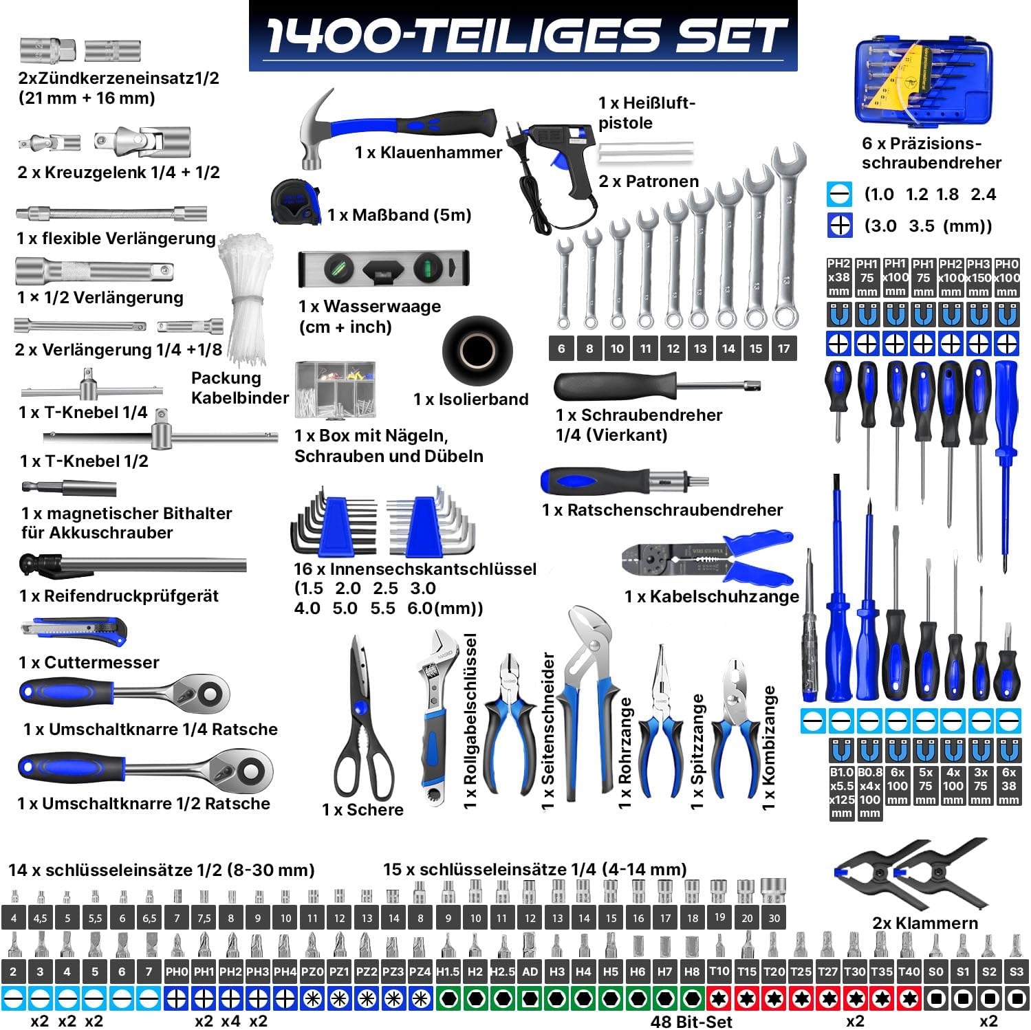 Thumbnail 2 de MASKO Werkzeugkoffer 1400-teilig gefüllt – Aluminiumkoffer mit Trolley-Funktion
