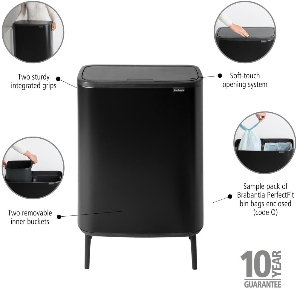 Detalle 2 de Brabantia Bo Hi Touch Cubo de Basura 2x30L Negro Mate 🚮