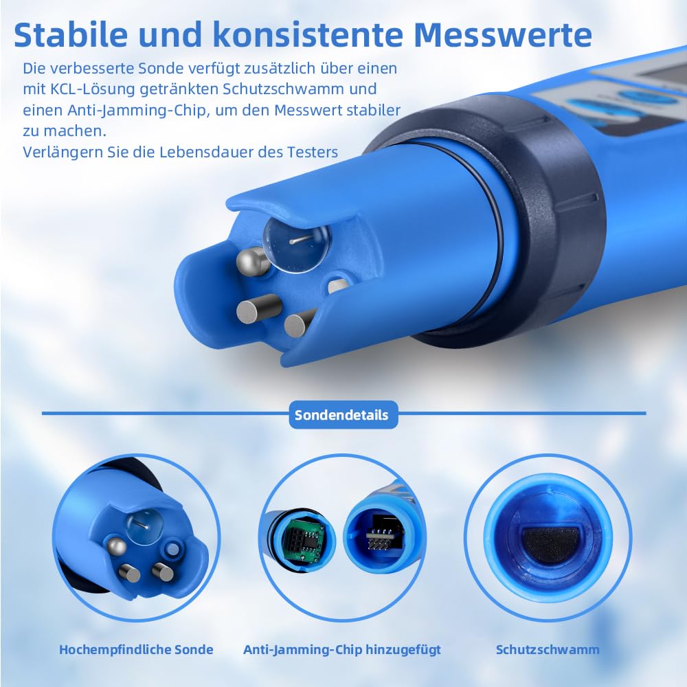 Detalle 2 de Salzwasser Pool Messgerät 5 in 1 – pH, TDS, EC, Salzgehalt und Temperatur mit LCD-Display