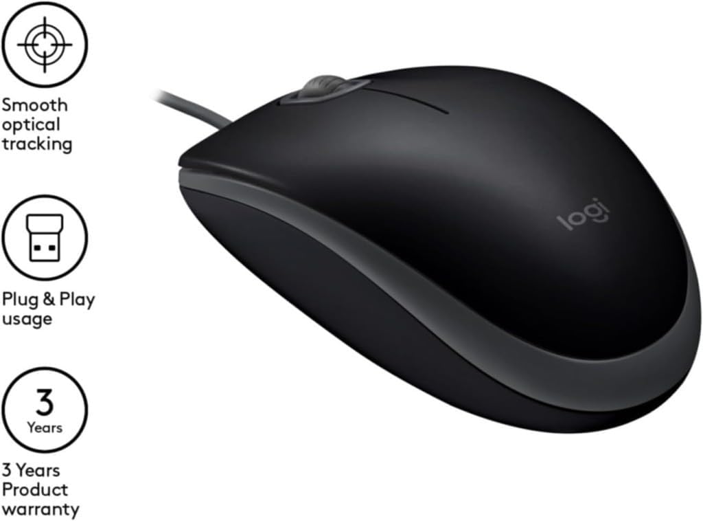 Detalle de Logitech B110 Wired USB Mouse with Silent Buttons – Ambidextrous, Full-Size Comfort
