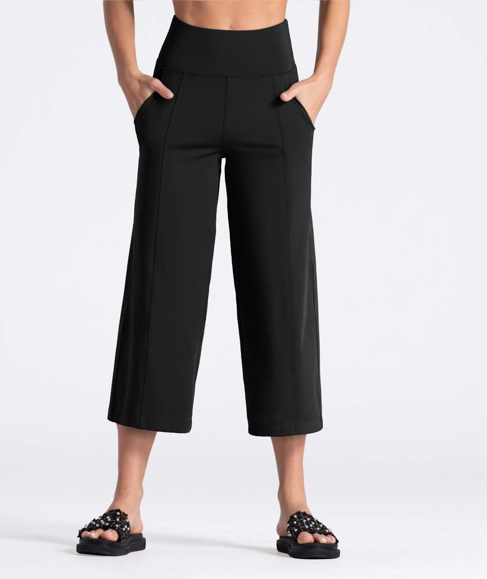Detalle 2 de THE GYM PEOPLE Women’s Yoga Capris 3/4 Wide-Leg Trousers with Pockets & Tummy Control